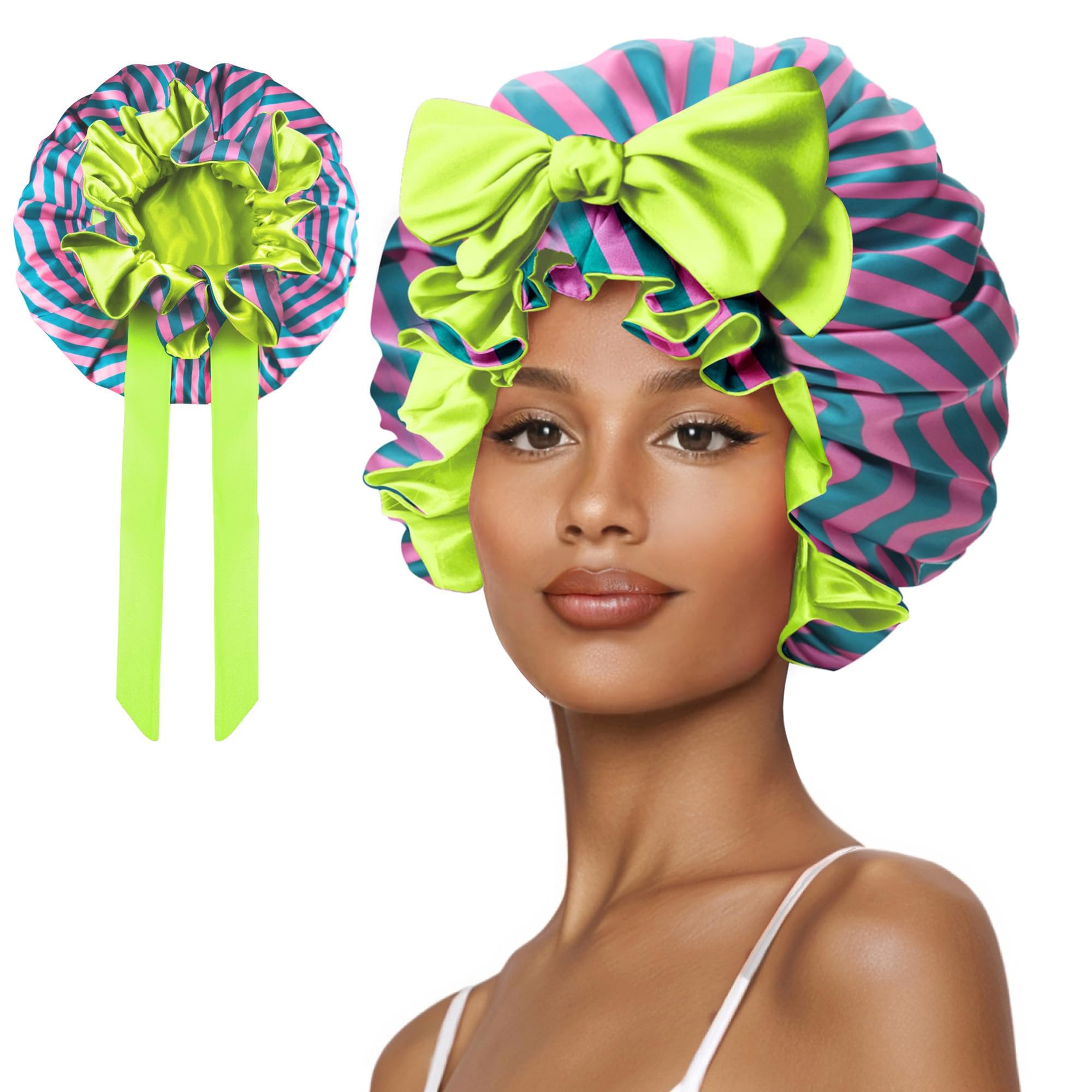 Vettres silk hair bonnet on bed provides full-coverage night care for all hair types.