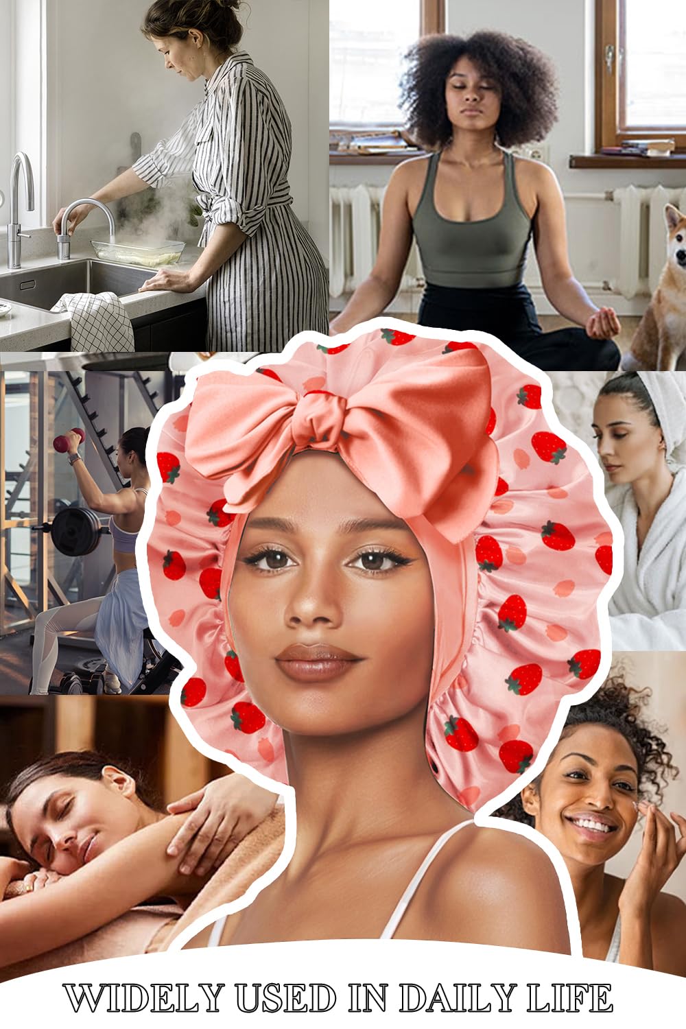 Vettres strawberries-pattern satin bonnet adds style while keeping hair smooth
