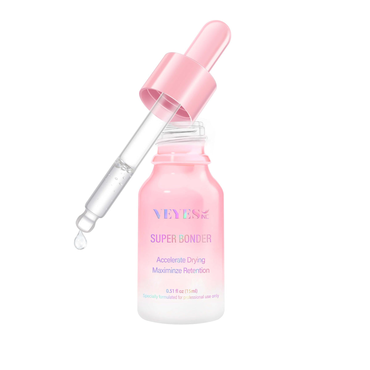 VEYES INC Super Lash Bonder bottle closeup demonstrates a lash extension accelerator for faster hold.