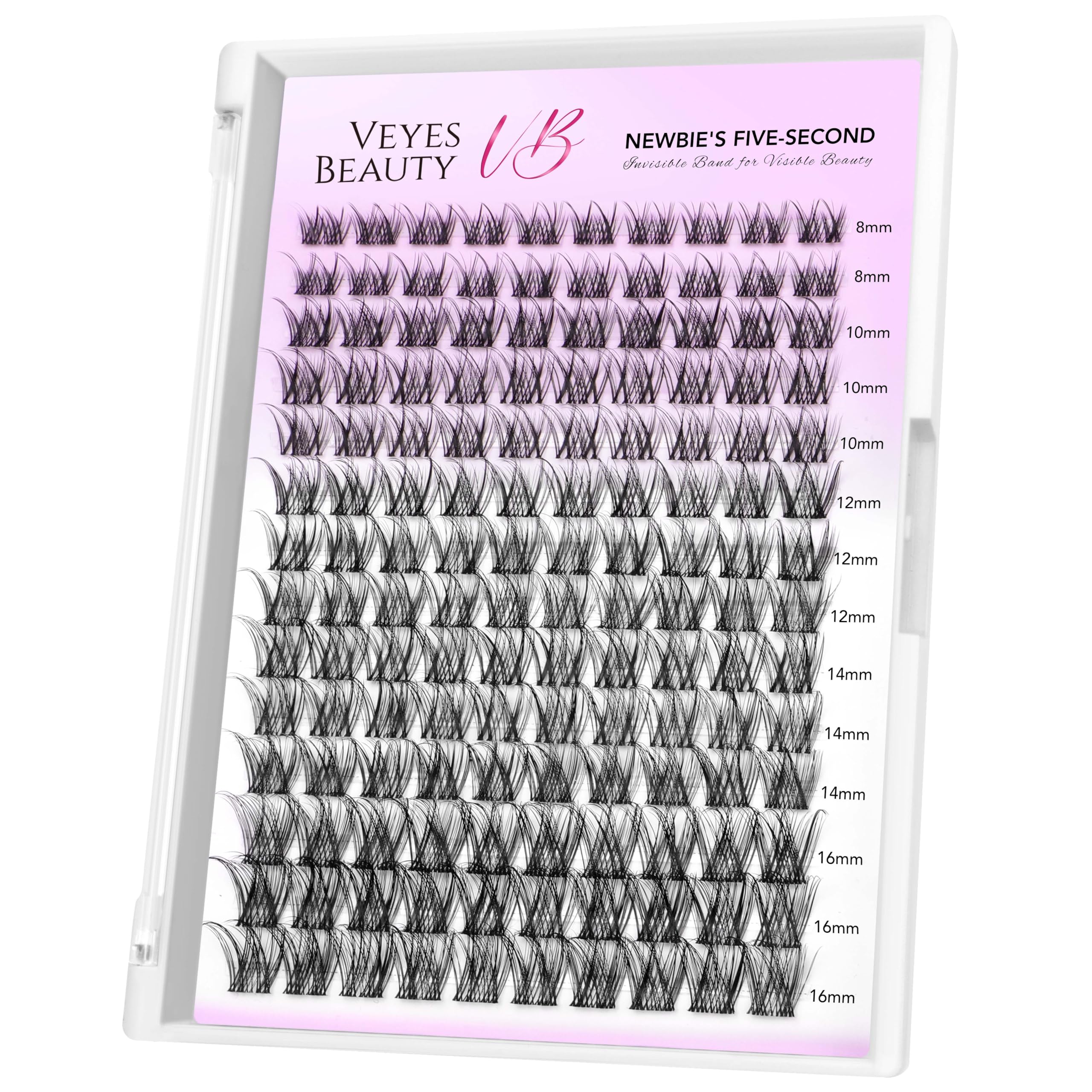 VEYESBEAUTY LuxeBold cluster lashes tray shows varied lengths for customizable volume.