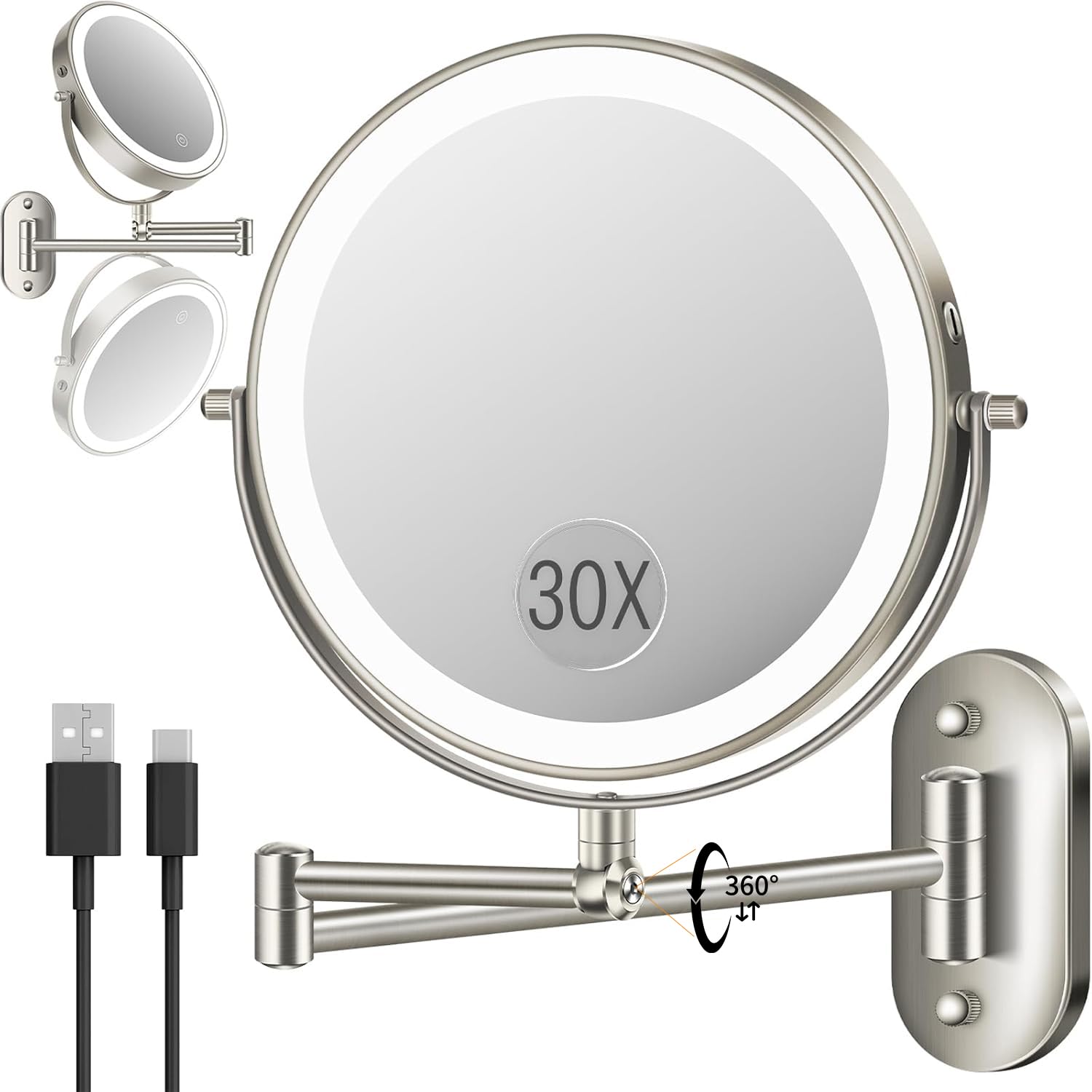 VFD 30X/1X wall-mounted mirror front view with adjustable lighting for precise makeup