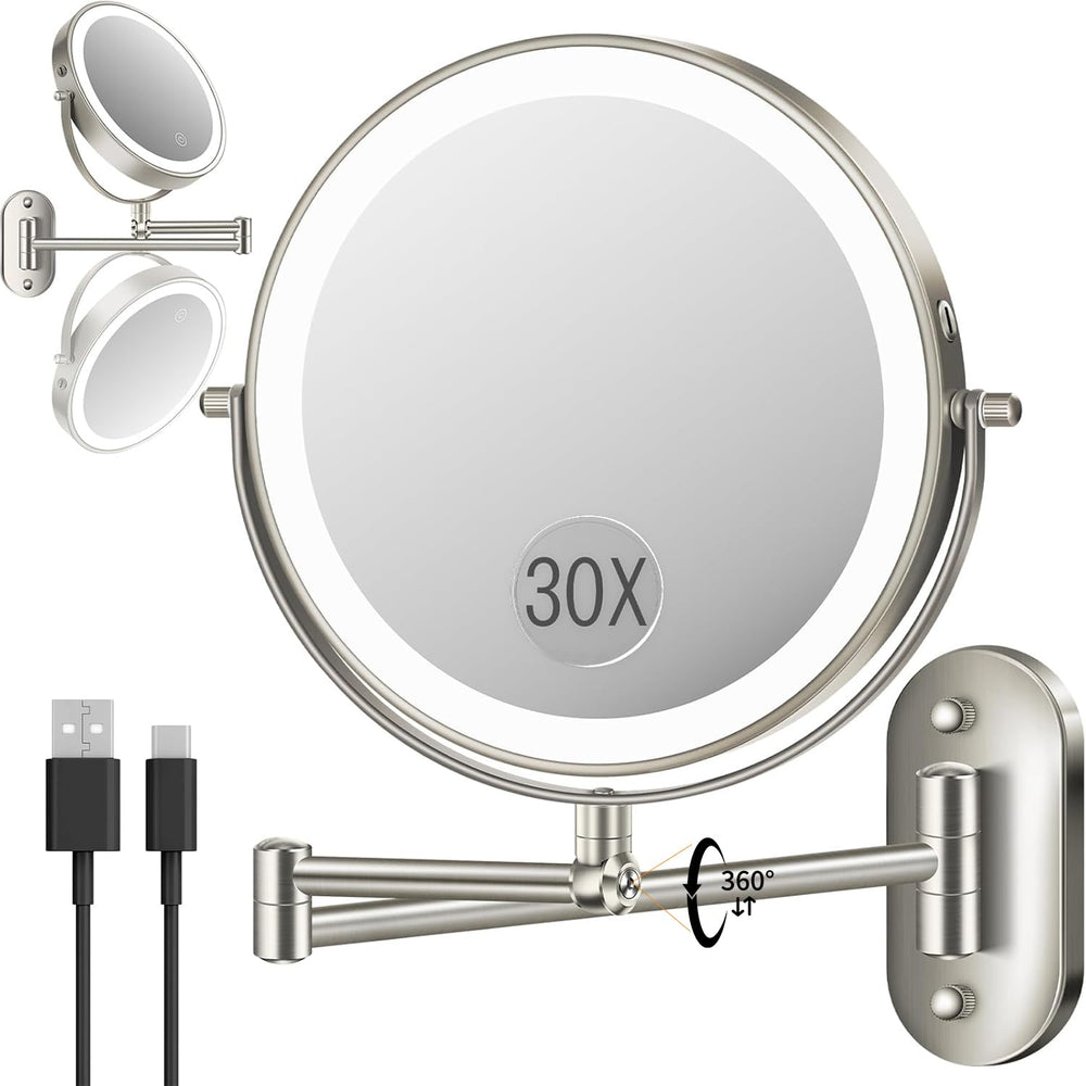 VFD 30X/1X wall-mounted mirror front view with adjustable lighting for precise makeup
