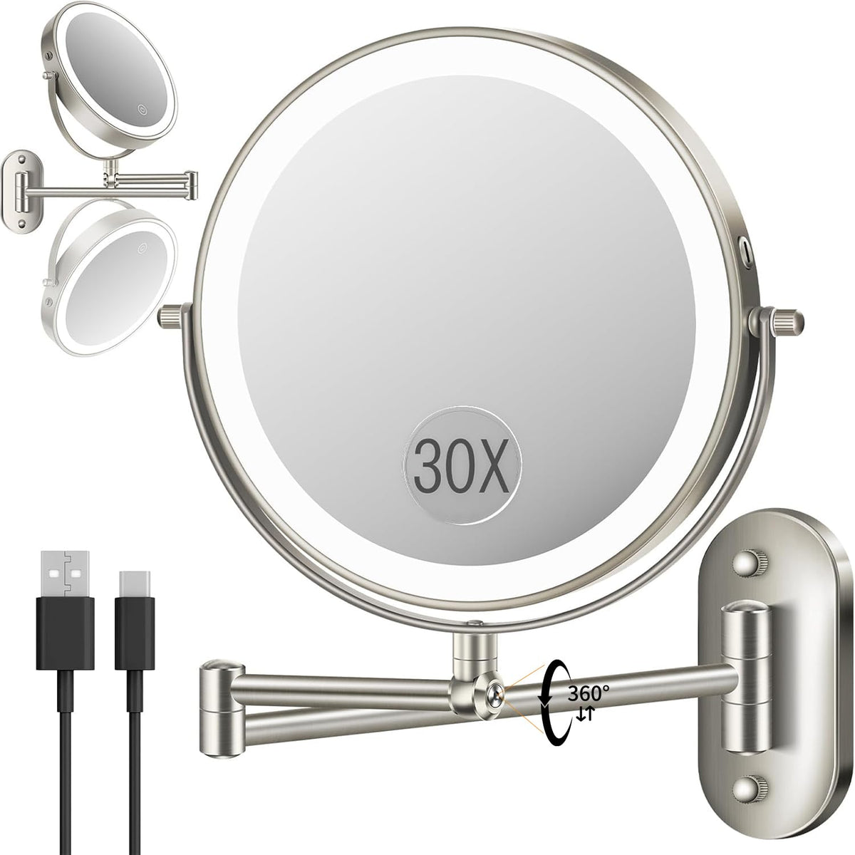 VFD 30X/1X wall-mounted mirror front view with adjustable lighting for precise makeup