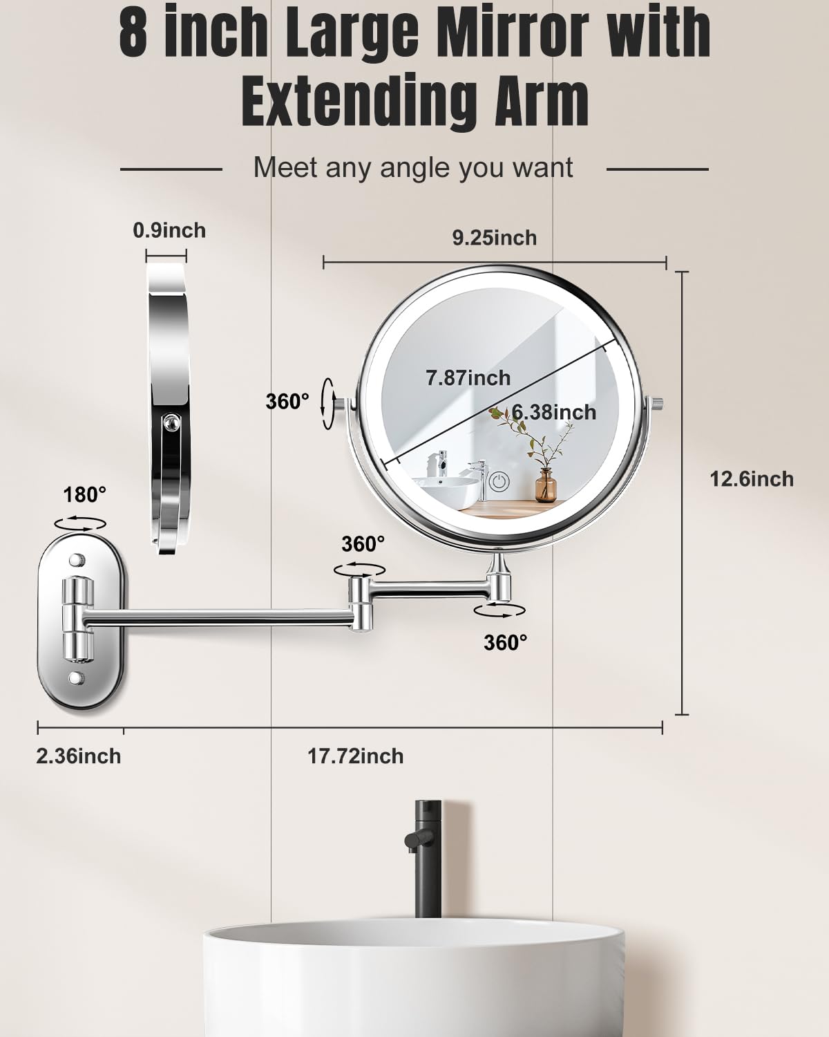 VFD 3-color light dimmable makeup mirror delivers natural-to-warm tones for accurate color matching.