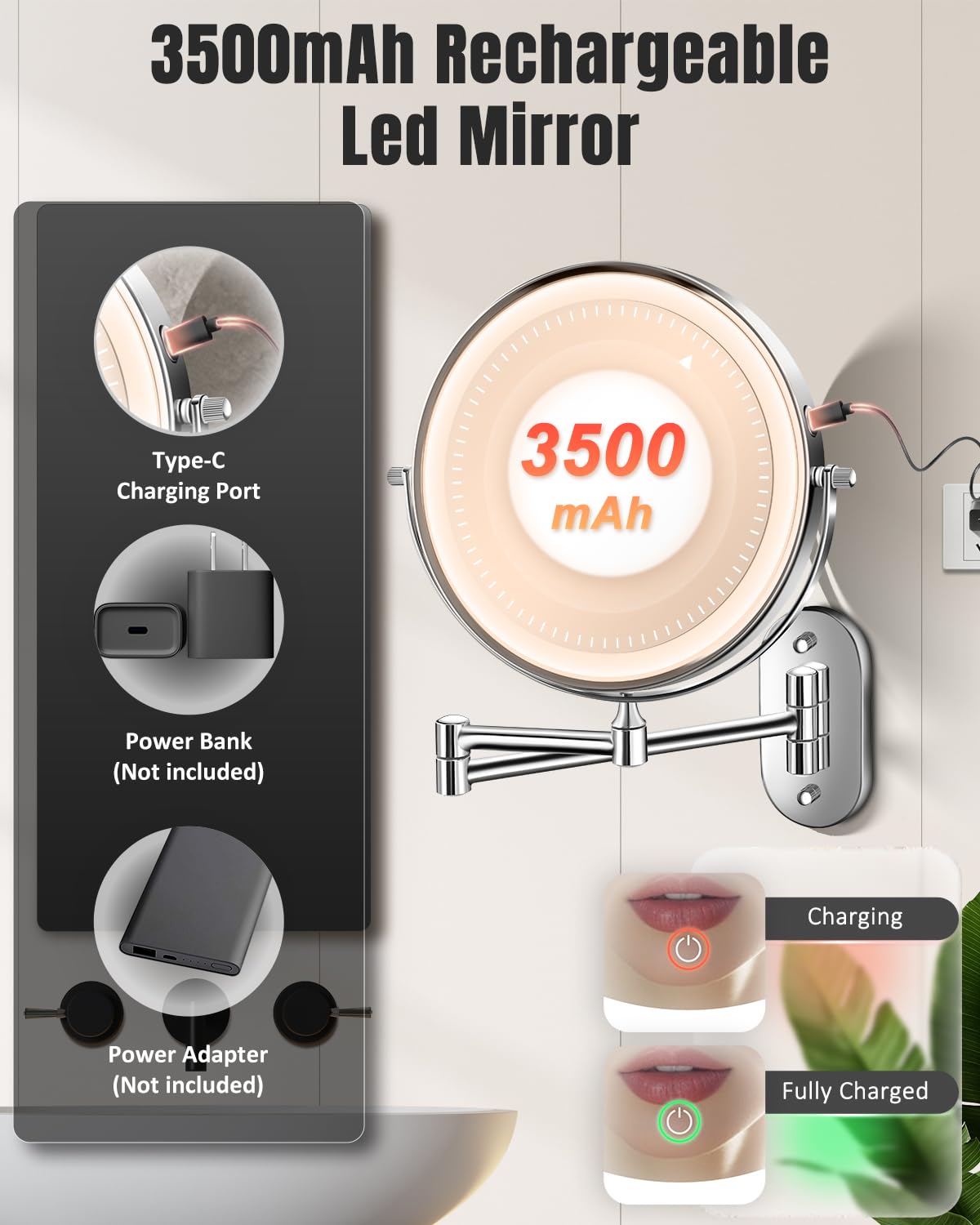 VFD compact wall-mount mirror ideal for small bathrooms or hotel rooms.