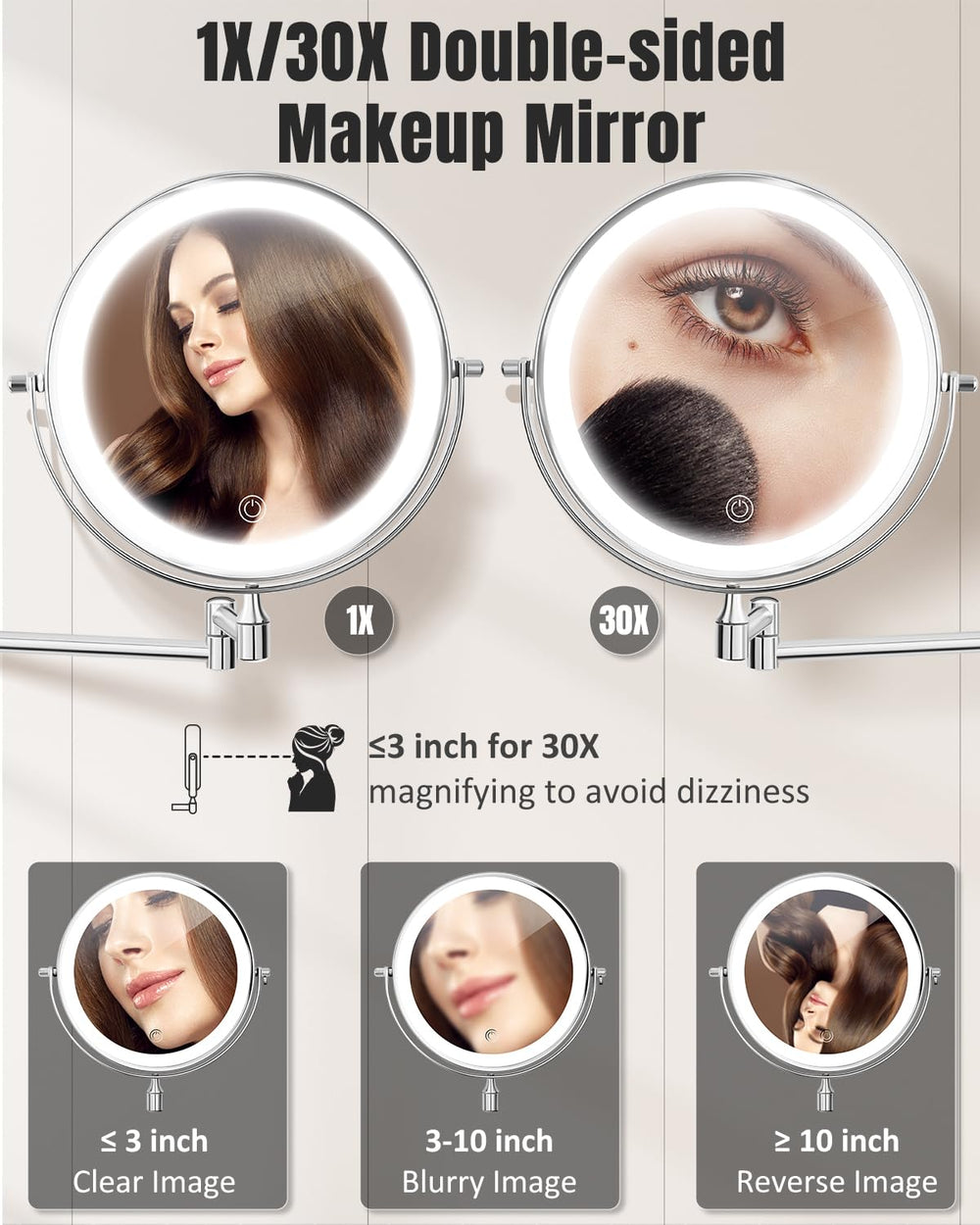VFD rechargeable makeup mirror with 3500mAh battery and USB-C charging for cordless use.