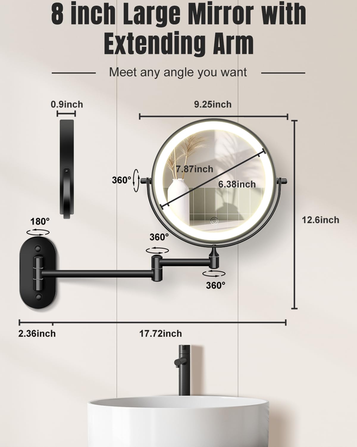 VFD mirror arm extended for flexible viewing angles during routine makeup.