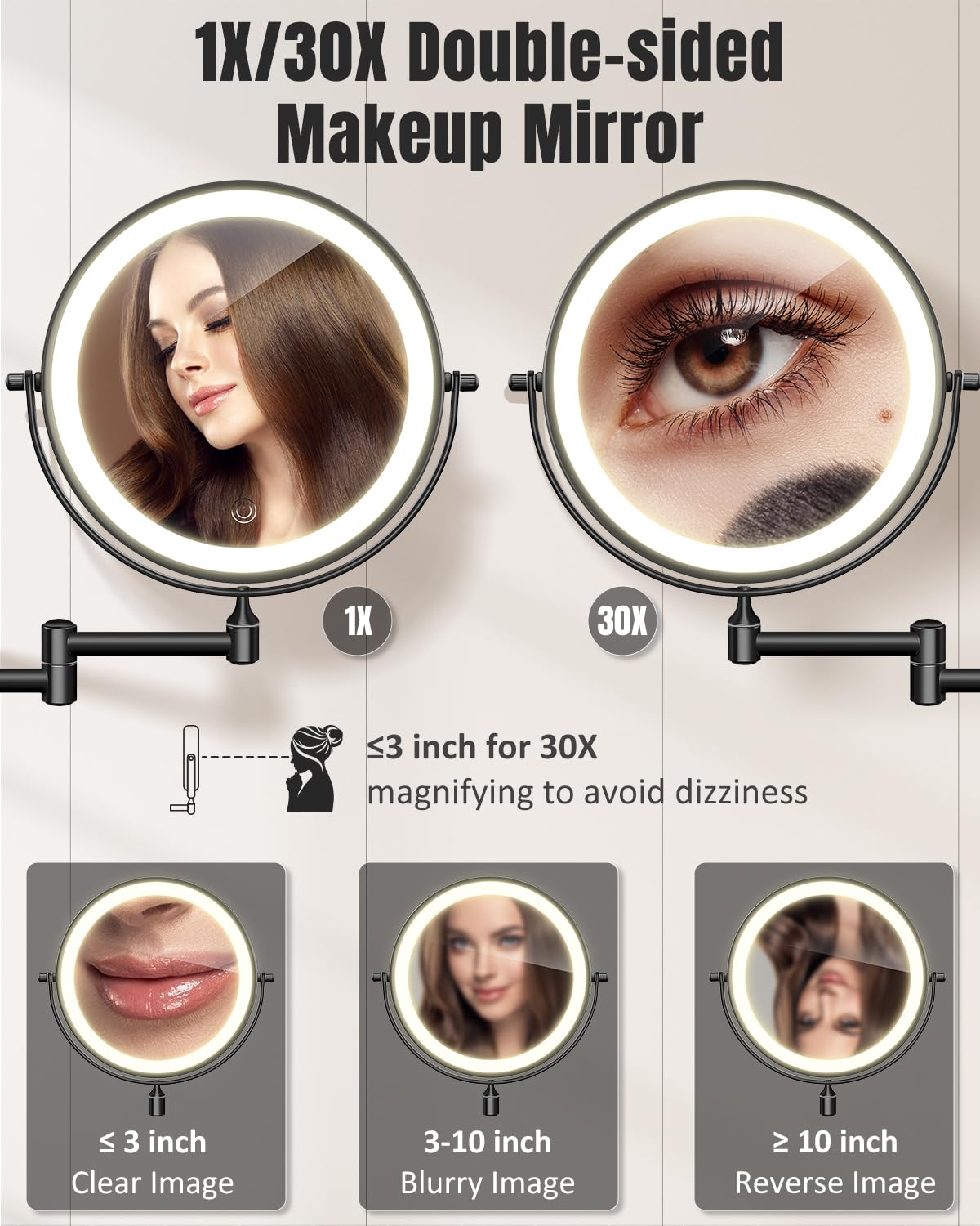 VFD mirror shows 3-color lighting for natural, warm, or white illumination.