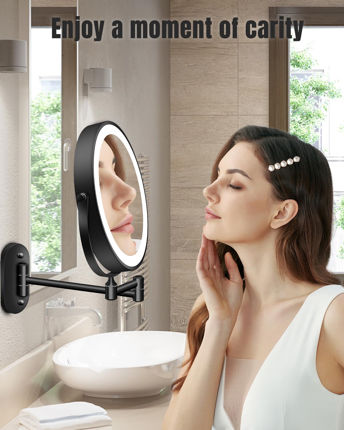 VFD mirror in bathroom setup enables shaving, skincare, and makeup tasks.