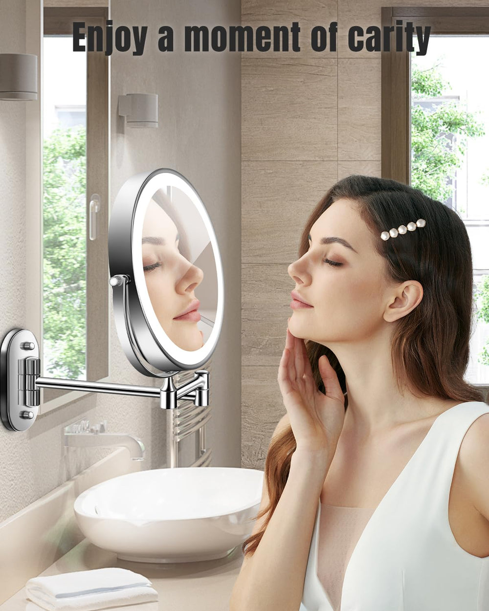 VFD wall-mounted lighted makeup mirror with LED illumination for daytime makeup.