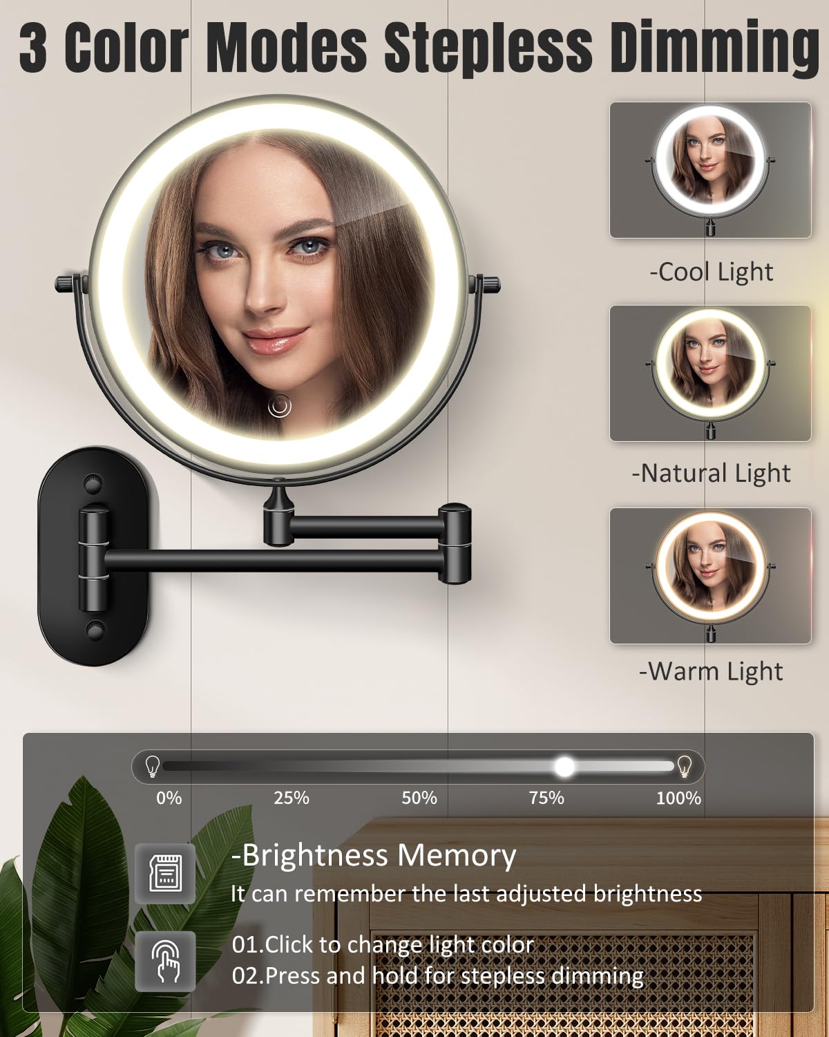 VFD rechargeable battery powered mirror with cable included for cordless use.