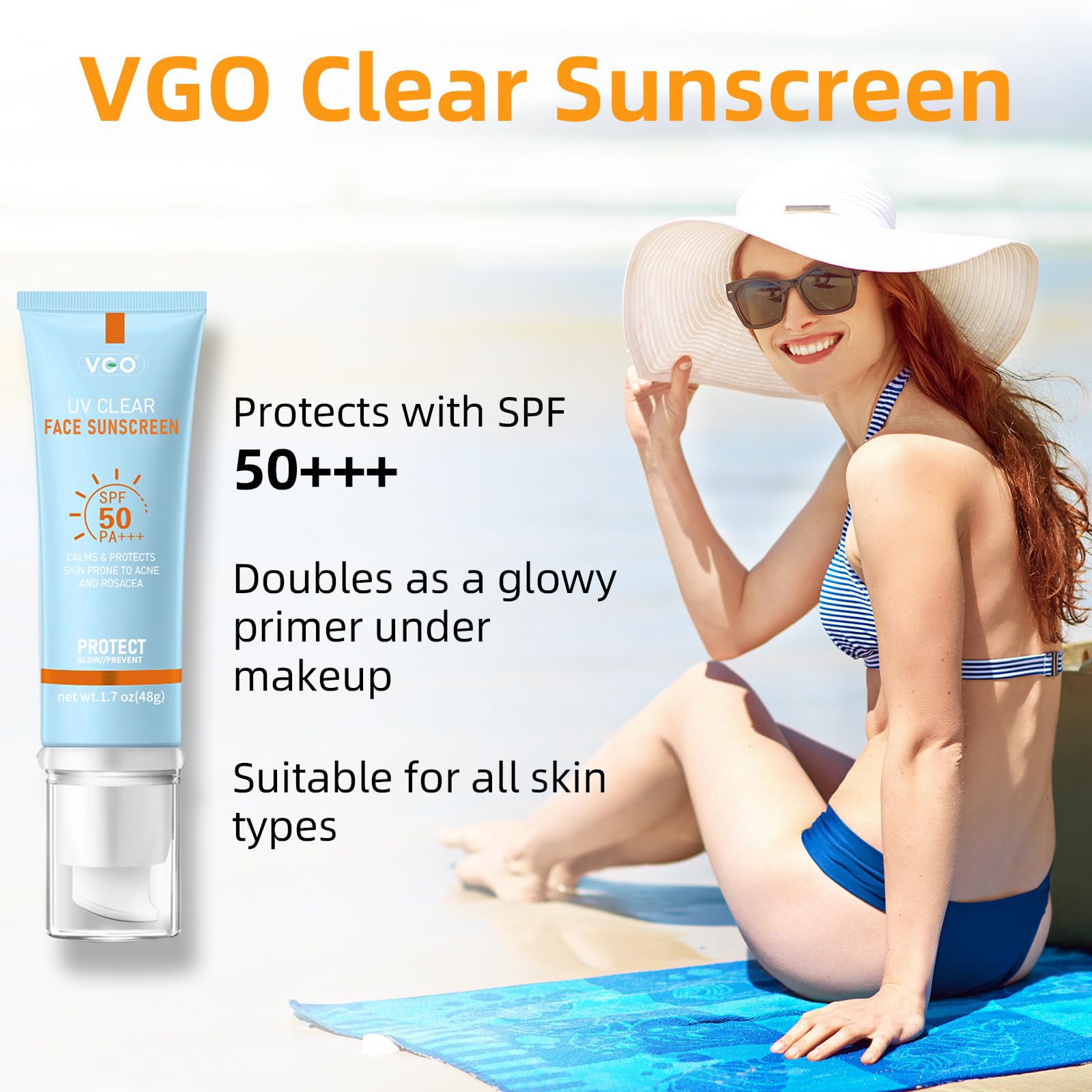 VGO Clear Face Sunscreen label highlights UVA/UVB protection.
