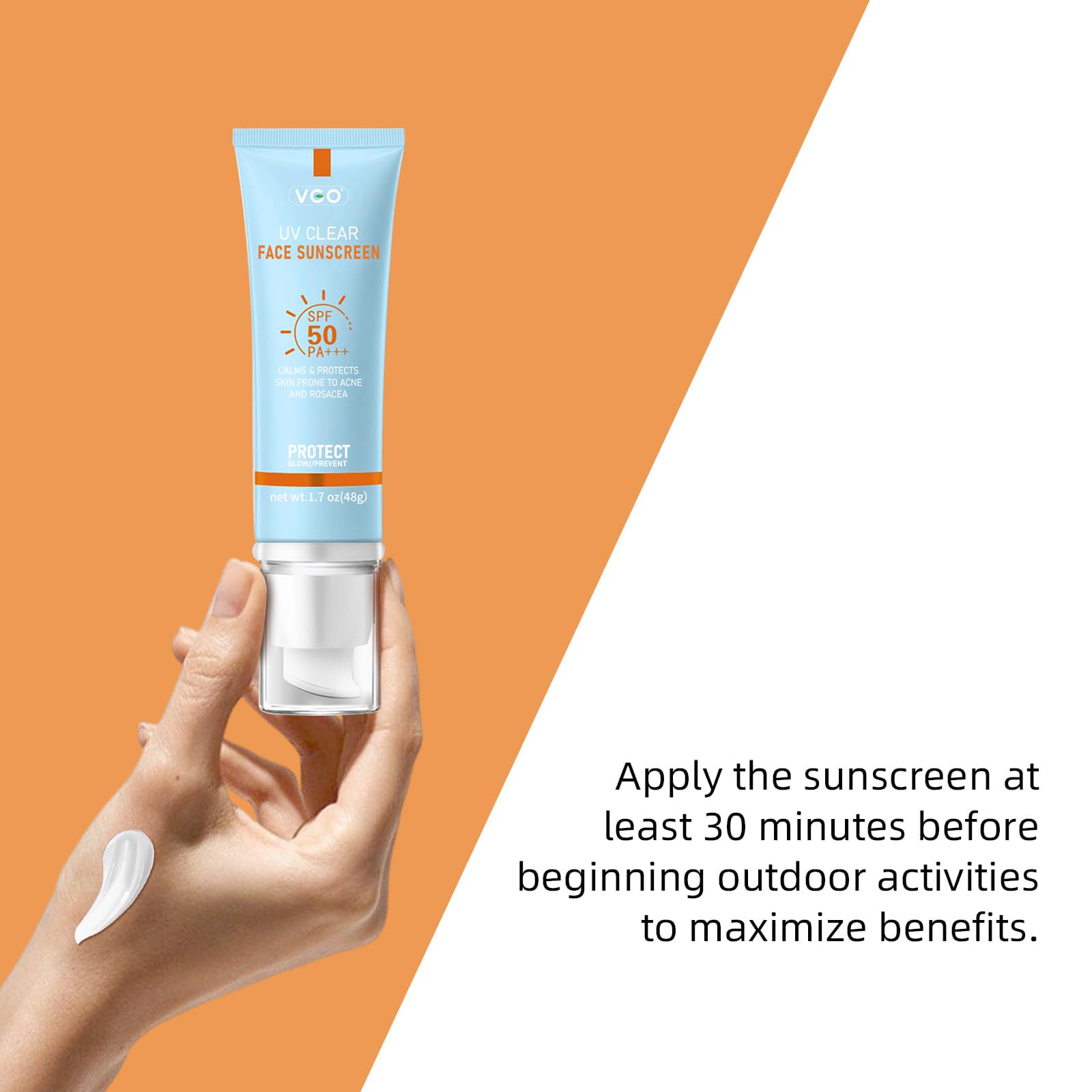 VGO Clear Face Sunscreen bottle with water splash showing 80-minute resistance.