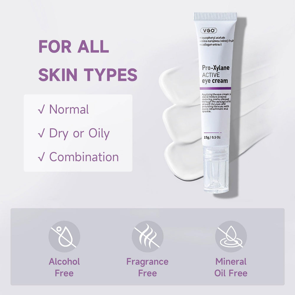 VGO Eye Cream demonstrated on brow bone and under-eye area with smooth finish.