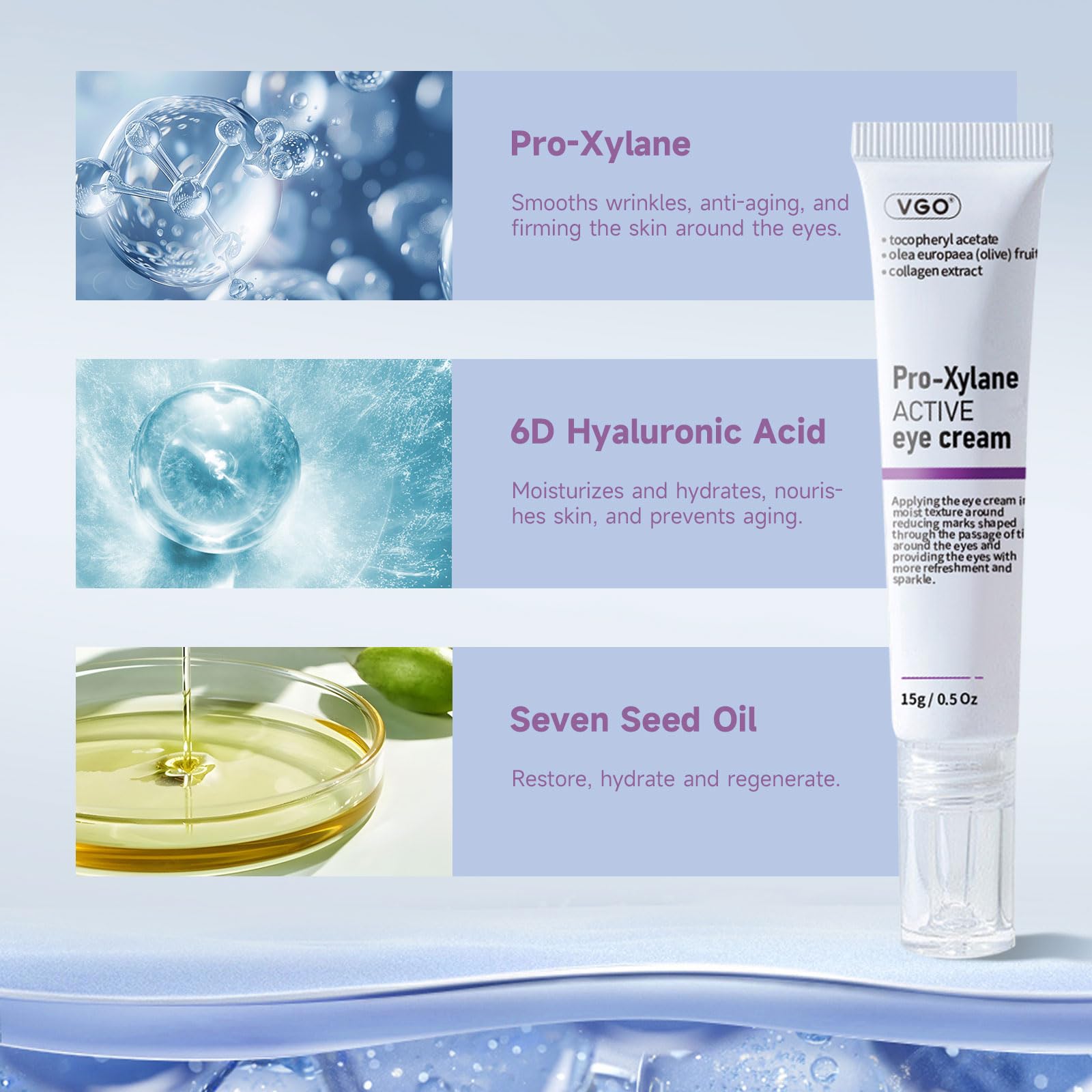 VGO Eye Cream light texture close-up showing quick absorption for sensitive skin.