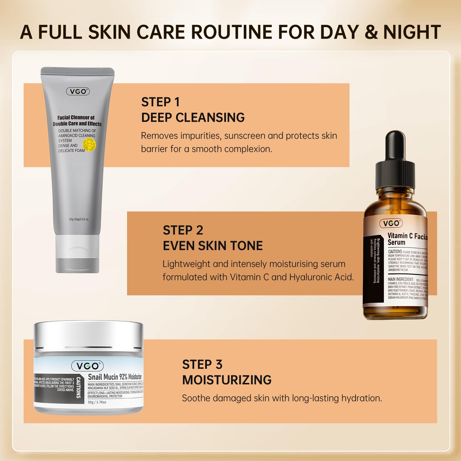VGO Daily Routine Kit on display, standard-size set for all skin types