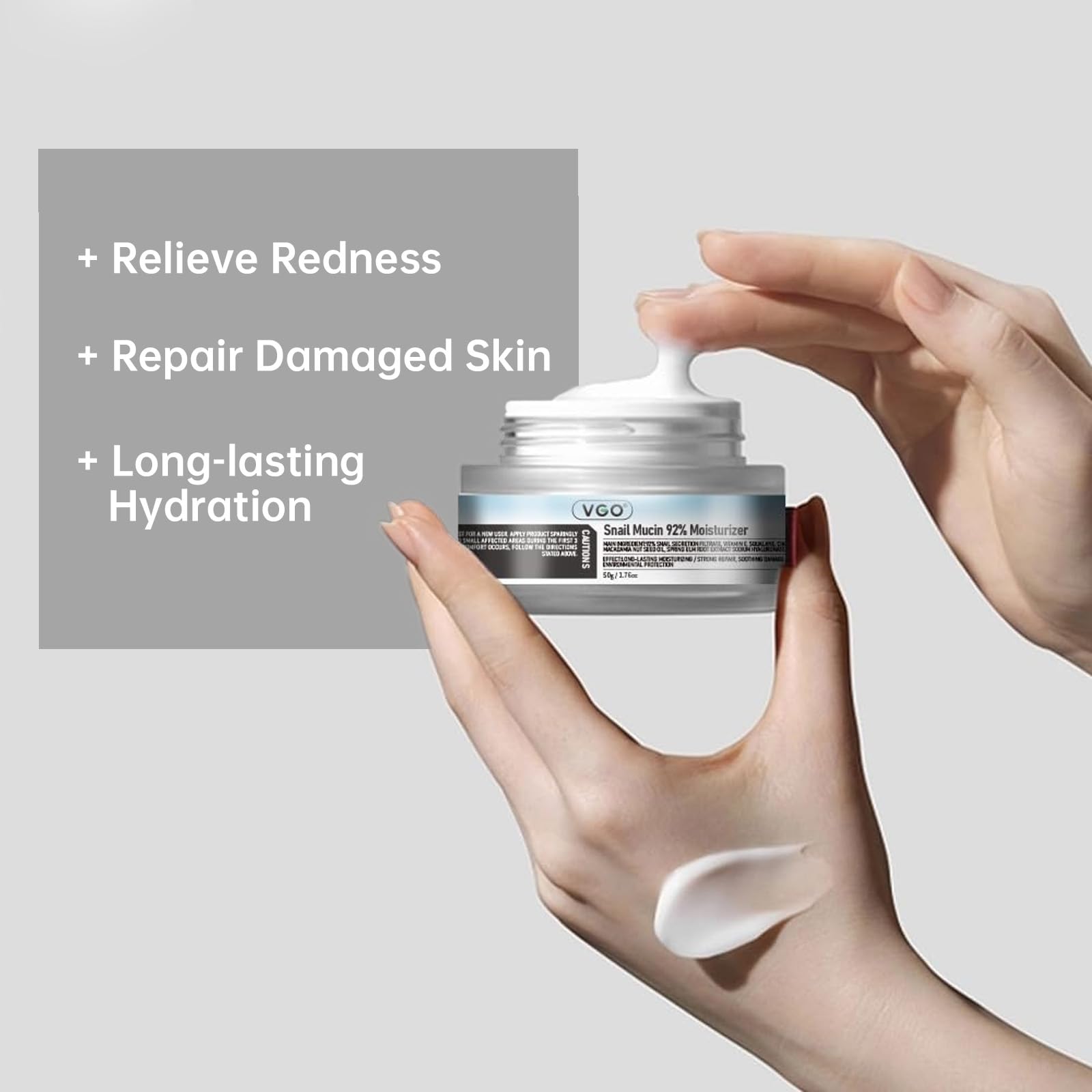 VGO Snail Mucin Moisturizer close-up, lightweight hydration for elasticity