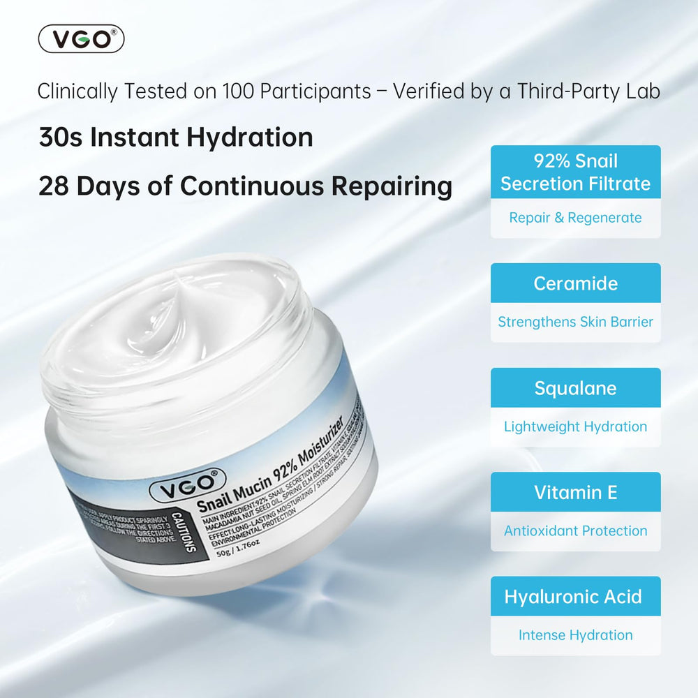 VGO Snail Mucin 92% moisturizer swatch shows hydrating texture for sensitive skin