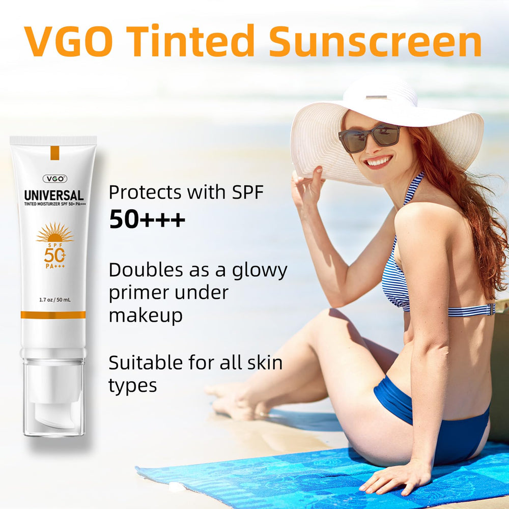 VGO tinted sunscreen SPF50 bottle cap closeup highlights premium packaging and easy application.