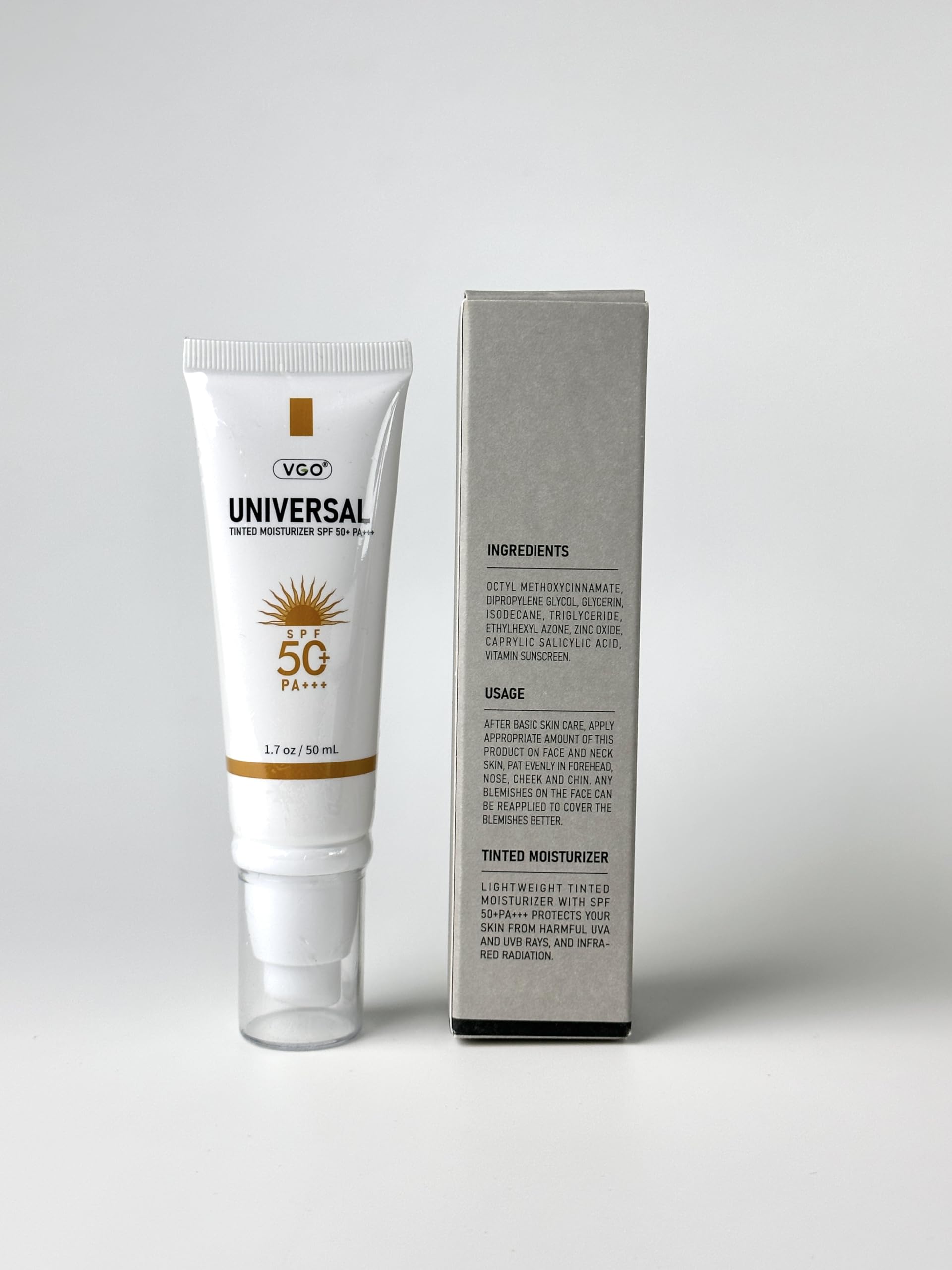 VGO tinted sunscreen SPF50 no-sticky finish on skin for everyday wear.