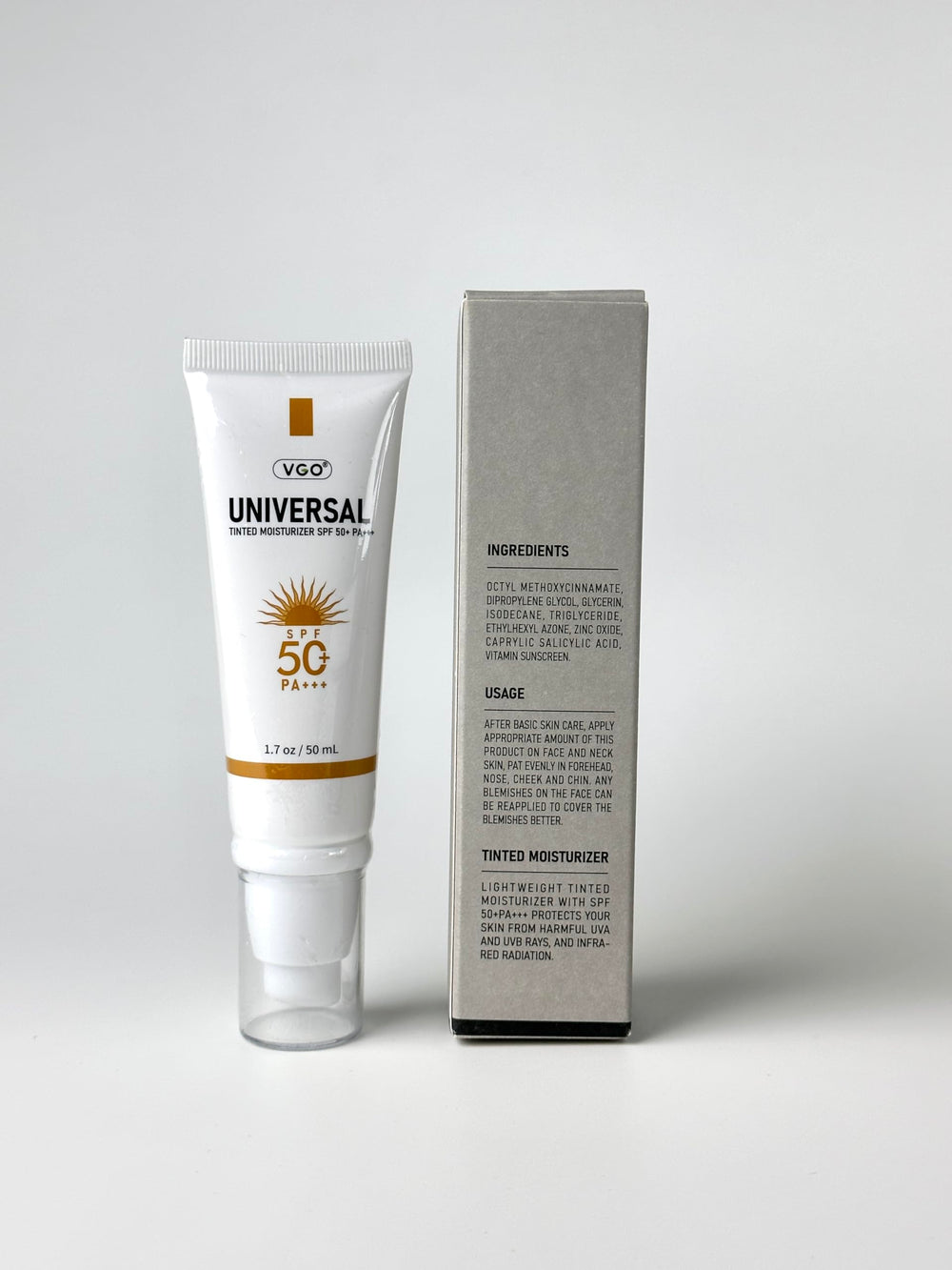 VGO tinted sunscreen SPF50 no-sticky finish on skin for everyday wear.