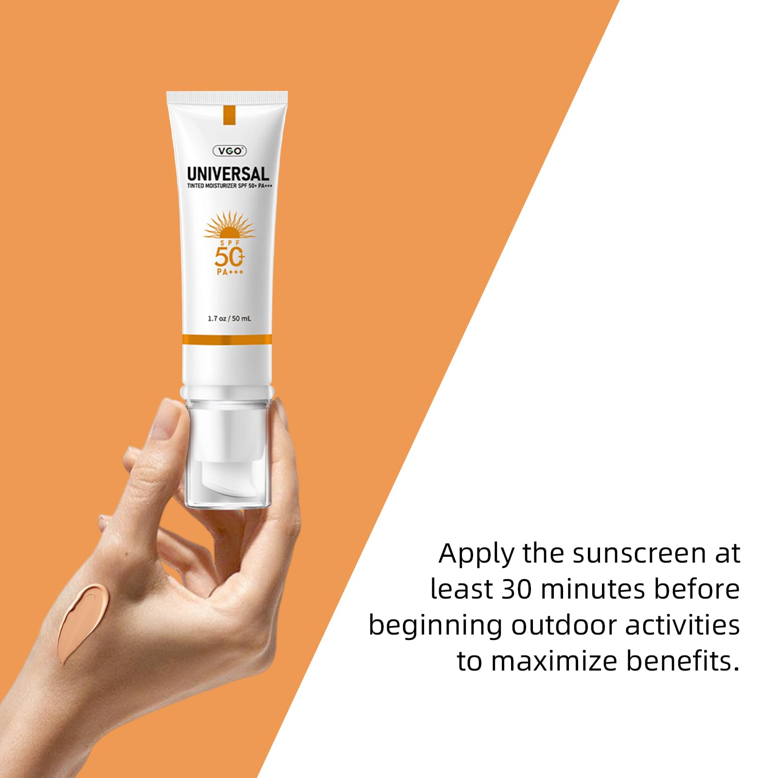 VGO tinted sunscreen SPF50 swirl on skin highlights non-sticky hydration.