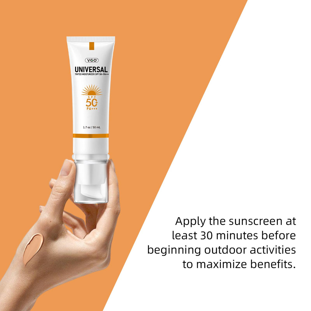 VGO tinted sunscreen SPF50 swirl on skin highlights non-sticky hydration.
