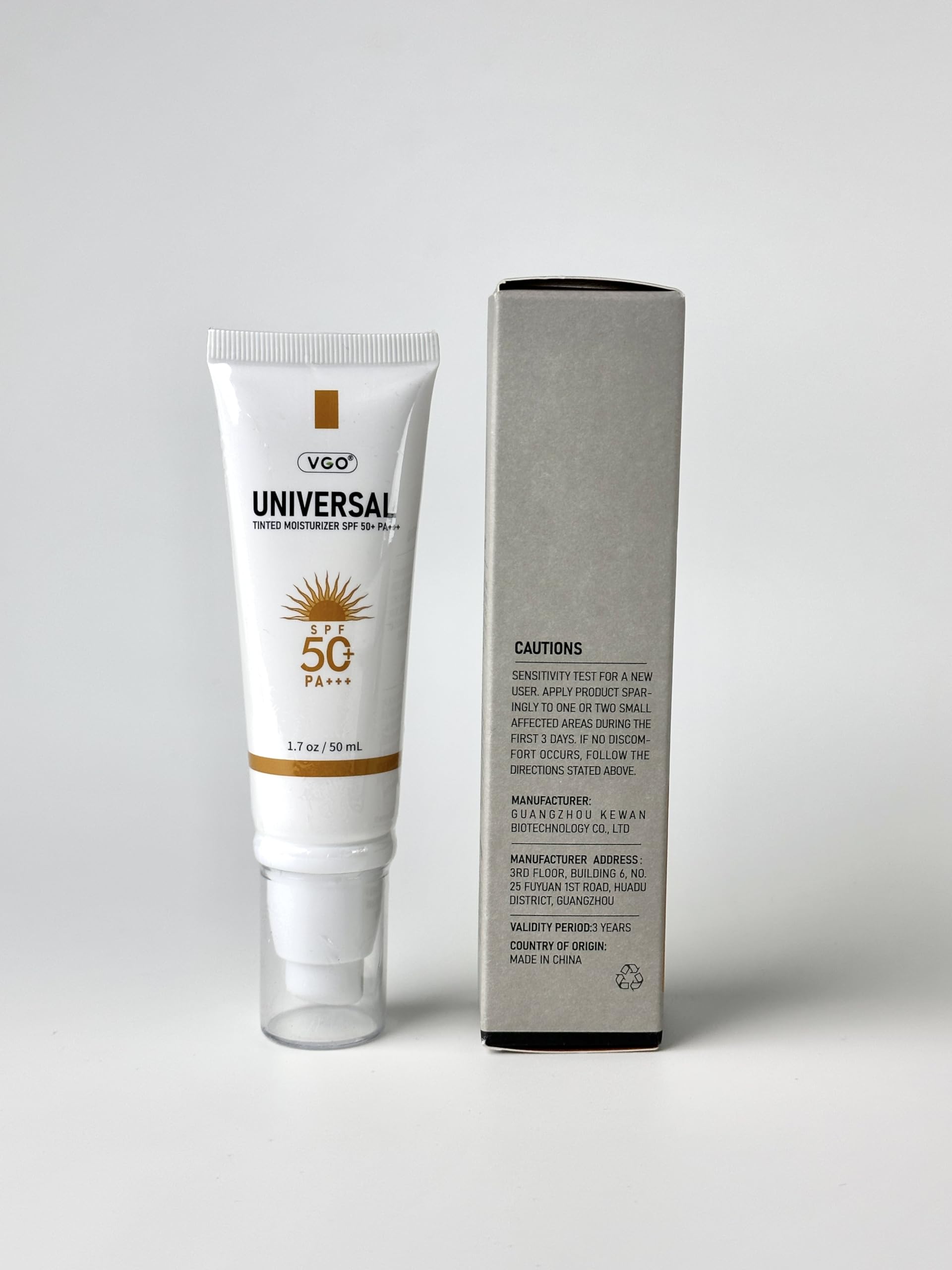 VGO tinted sunscreen SPF50 travel-size bottle fits in pocket for outdoors.