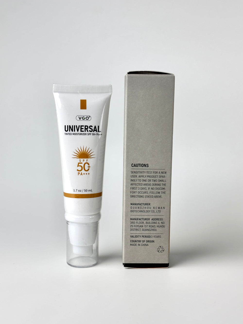 VGO tinted sunscreen SPF50 travel-size bottle fits in pocket for outdoors.