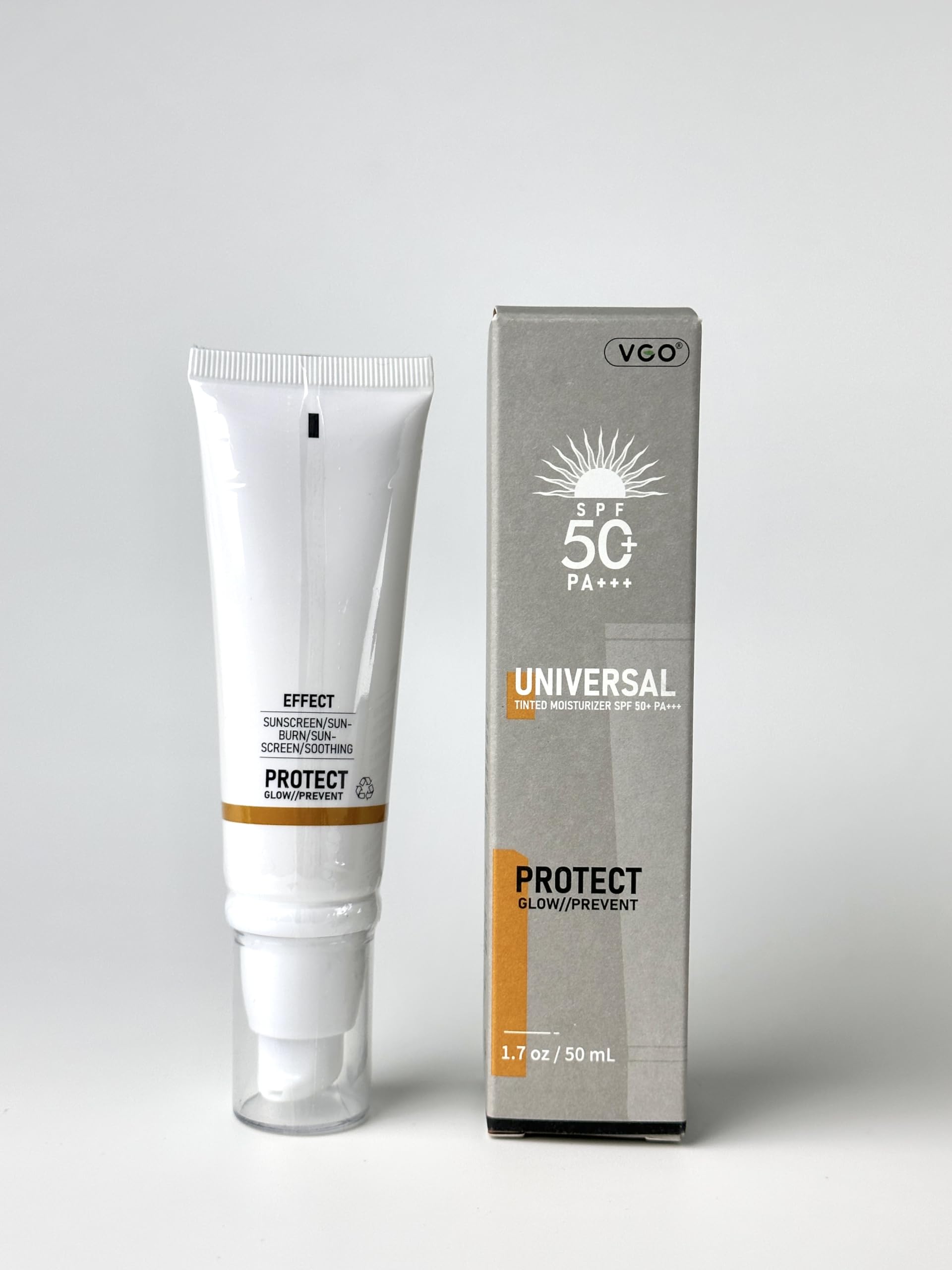 VGO tinted sunscreen SPF50 water-resistance label hints sports outdoor activities.