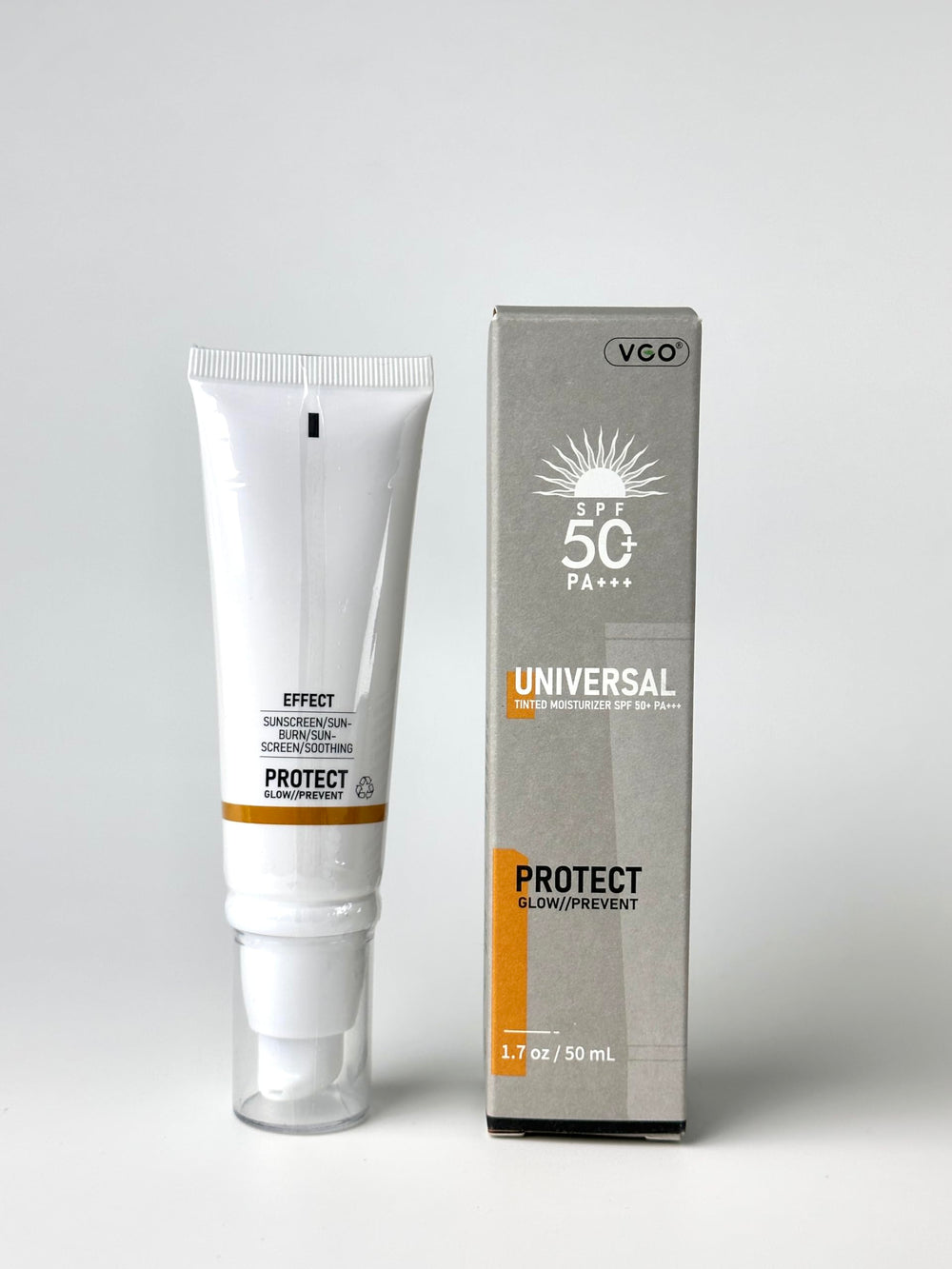 VGO tinted sunscreen SPF50 water-resistance label hints sports outdoor activities.