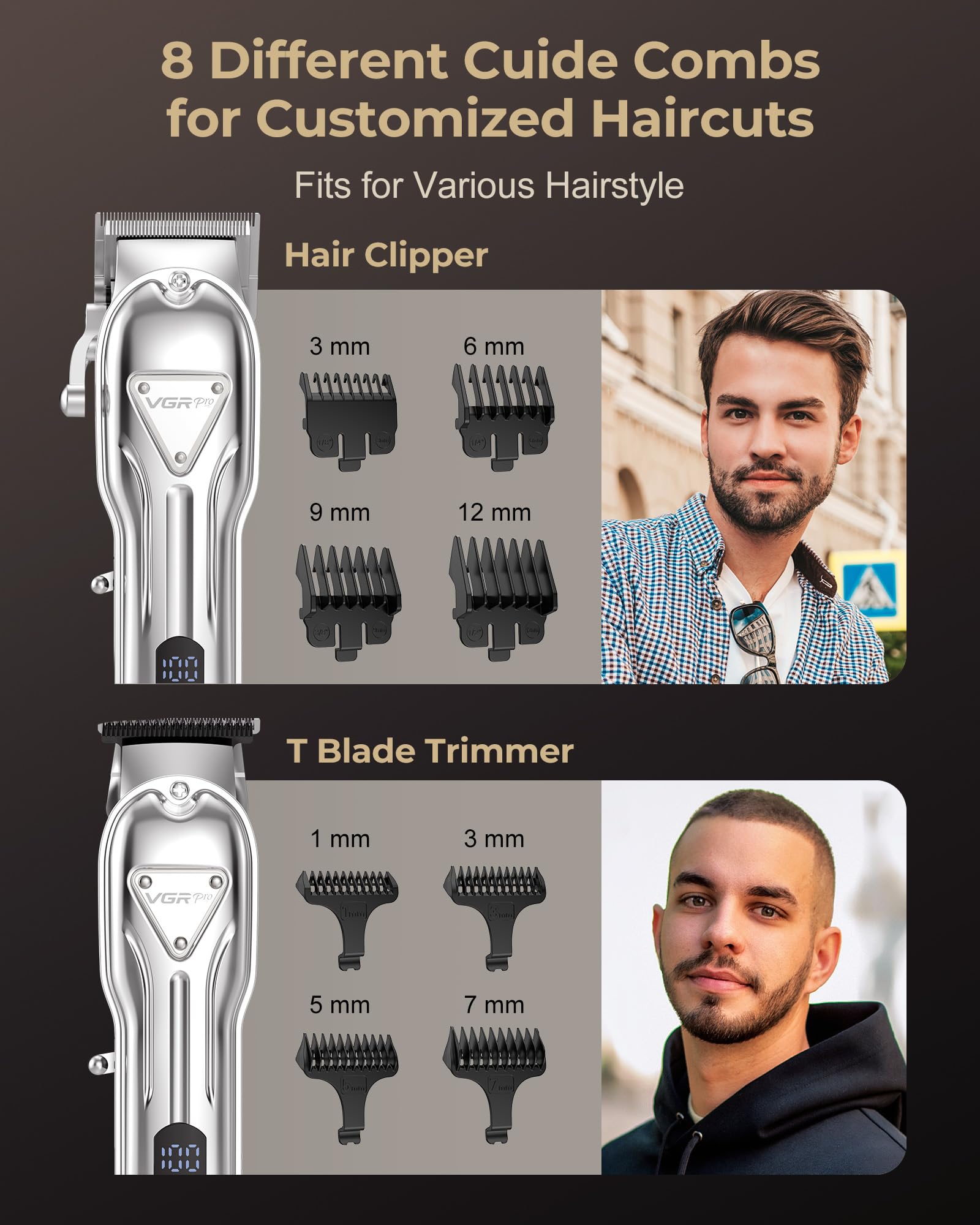 VGRPRO beard trimmer combs 1-4mm for facial shaping.