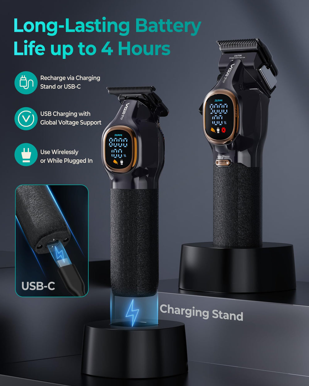VGRPRO charging base keeps clippers ready with USB-C charging.