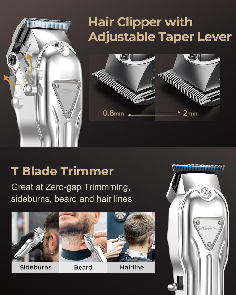 VGRPRO cordless clippers with ergonomic handle for precise home trims.