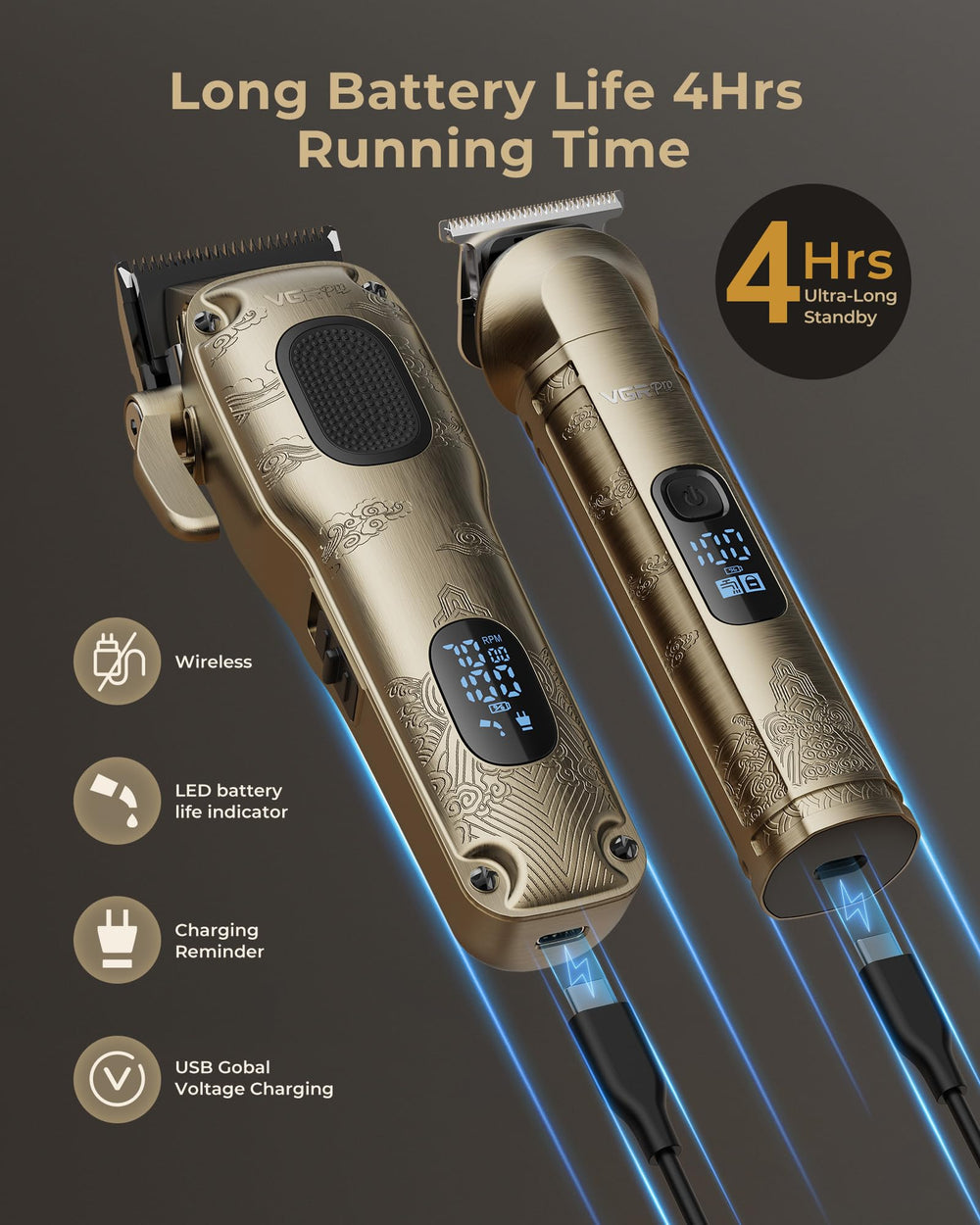 VGRPRO cordless clippers with LED battery indicator for planning cuts.