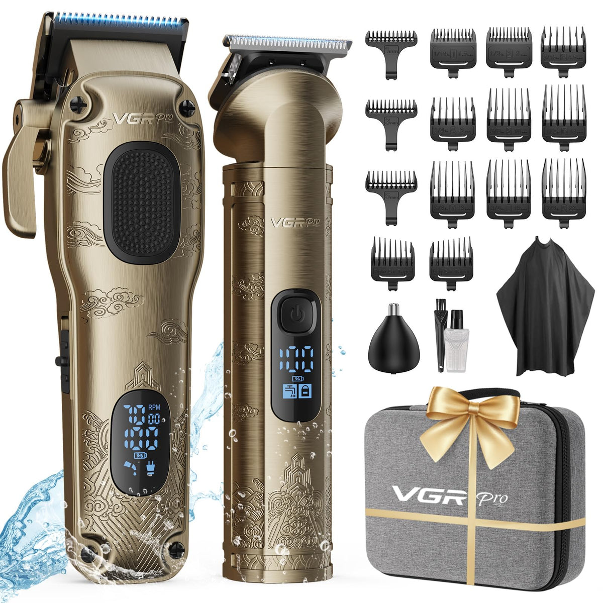 VGRPRO hair clippers set close-up with attachments for precise home grooming.
