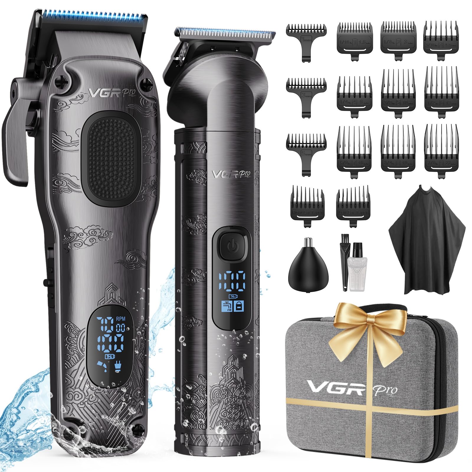 VGRPRO hair clippers set in gray packaging, ideal for family grooming sessions.