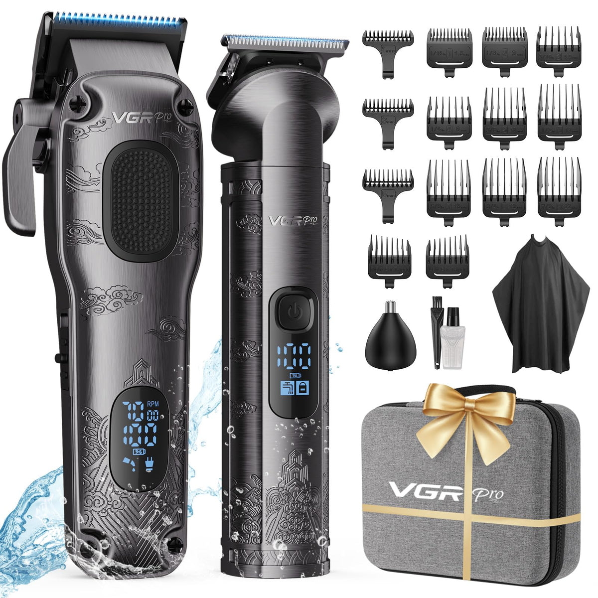 VGRPRO hair clippers set in gray packaging, ideal for family grooming sessions.