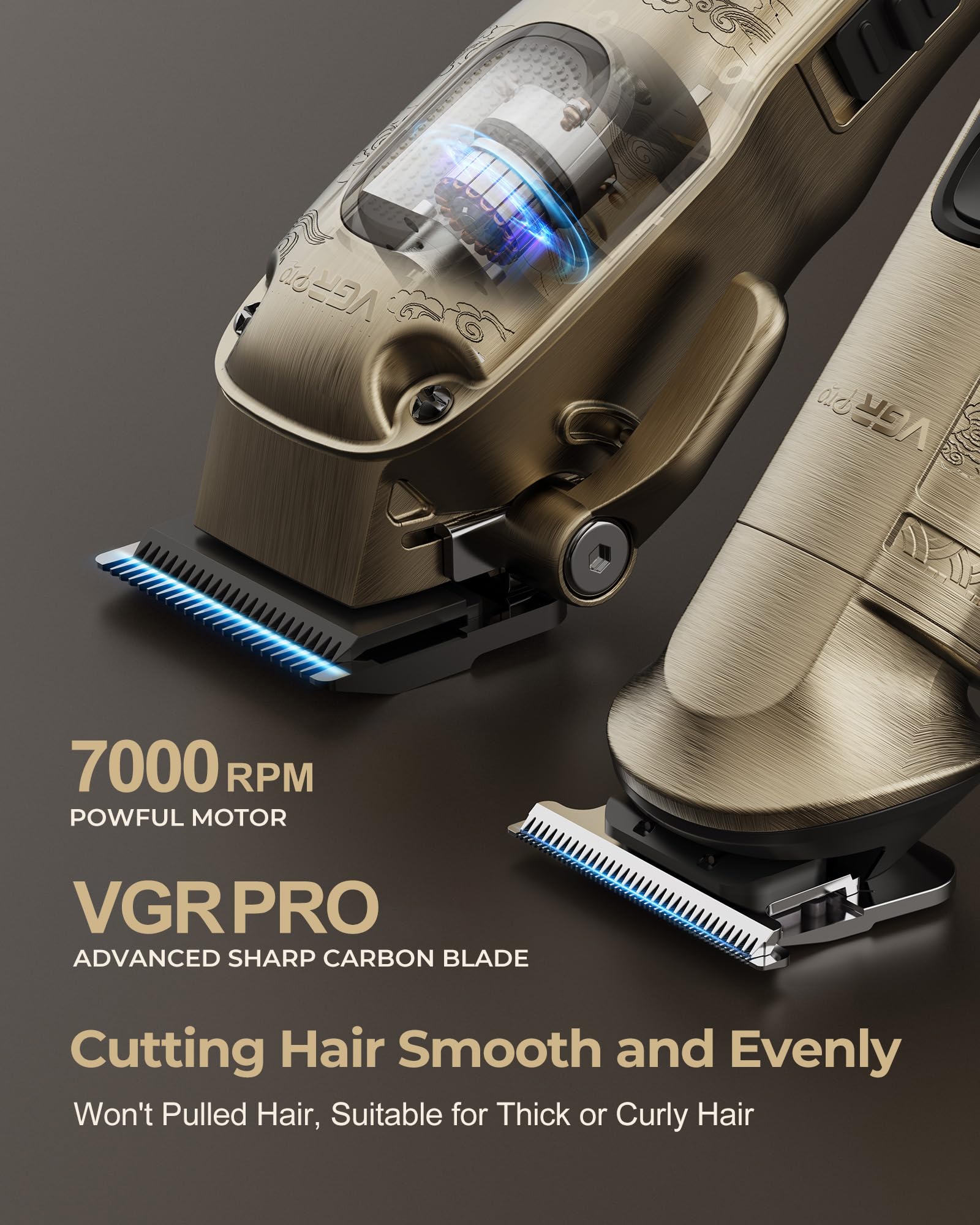VGRPRO zero-gap trimmer detail for precise beard and eyebrow shaping.