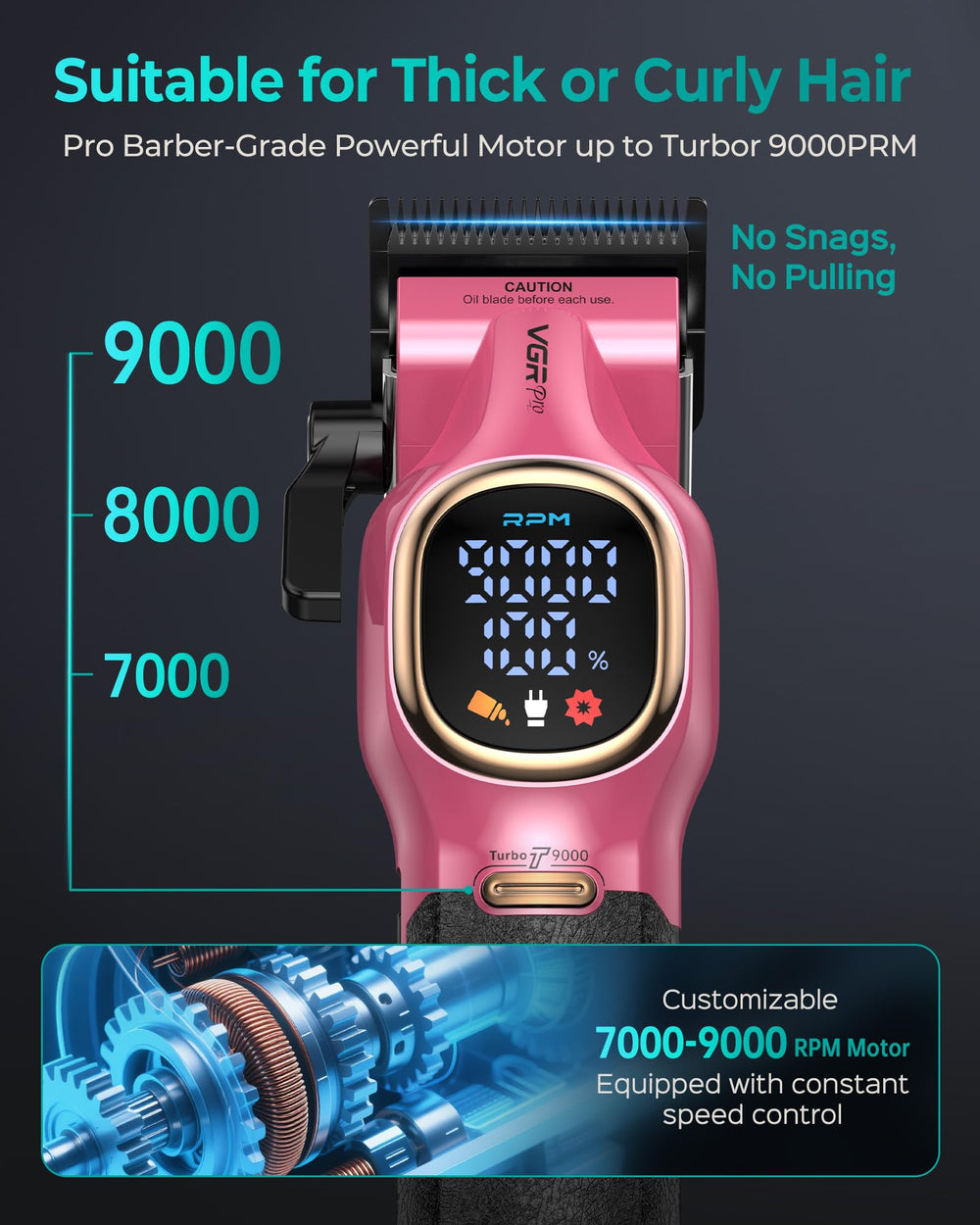 VGRPRO pro hair clippers motor speeds 7000-9000 RPM for thick hair