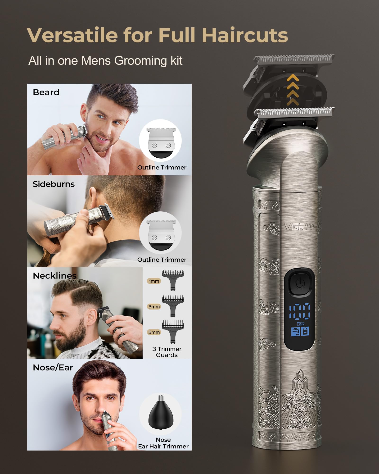VGRPRO zero-gap trimmer close-up emphasizing precise beard and eyebrow trimming