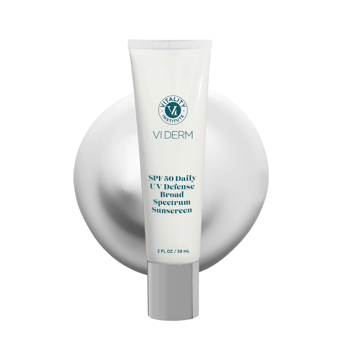 VI DERM SPF50 Daily UV Defense bottle shows clean, fragrance-free sun protection.