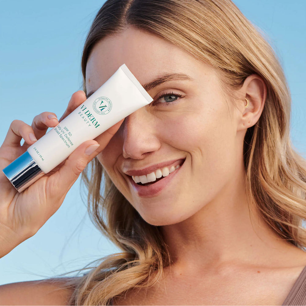 VI DERM SPF50 Daily UV Defense label highlights fragrance-free, clean formula for sensitive skin.