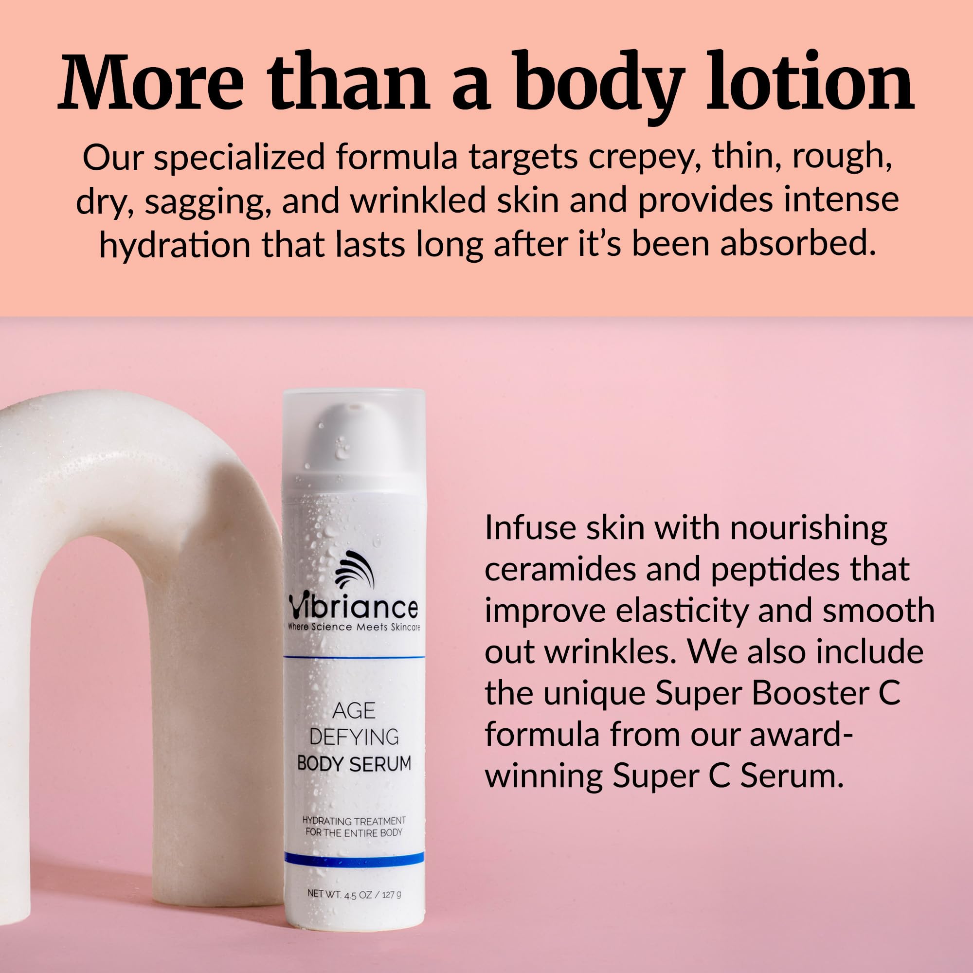Vibriance Body Serum label closeup emphasizes cruelty-free, science-backed formula.