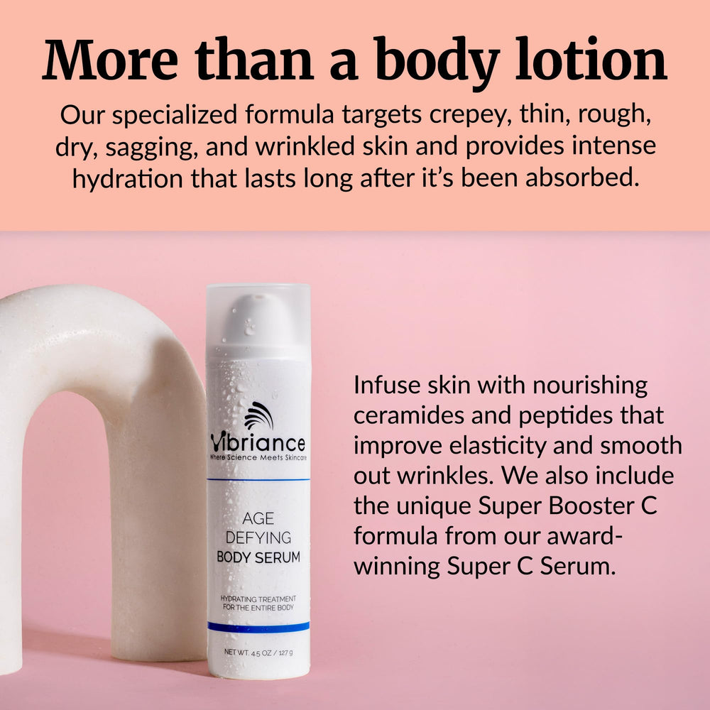 Vibriance Body Serum label closeup emphasizes cruelty-free, science-backed formula.