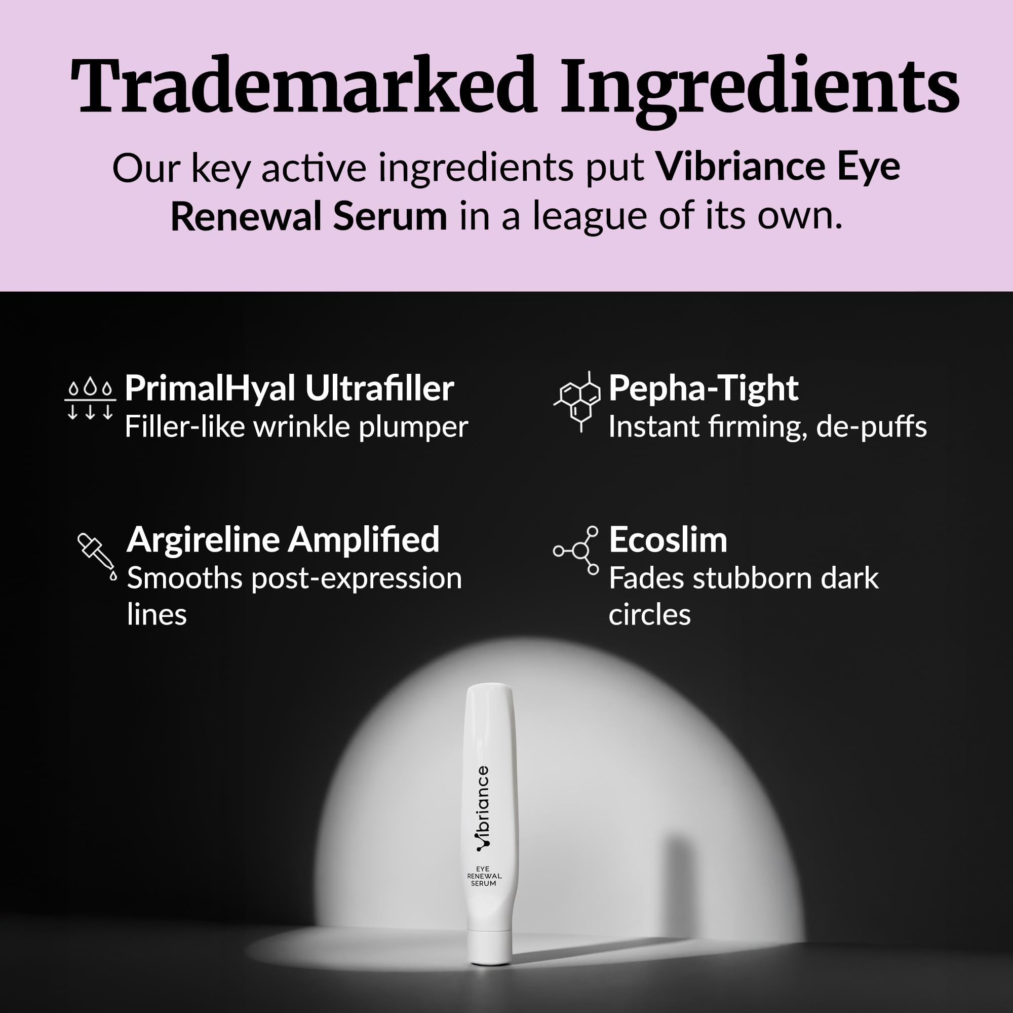 Vibriance Eye Renewal Serum ingredients close-up highlighting Pepha-Tight and Ecoslim