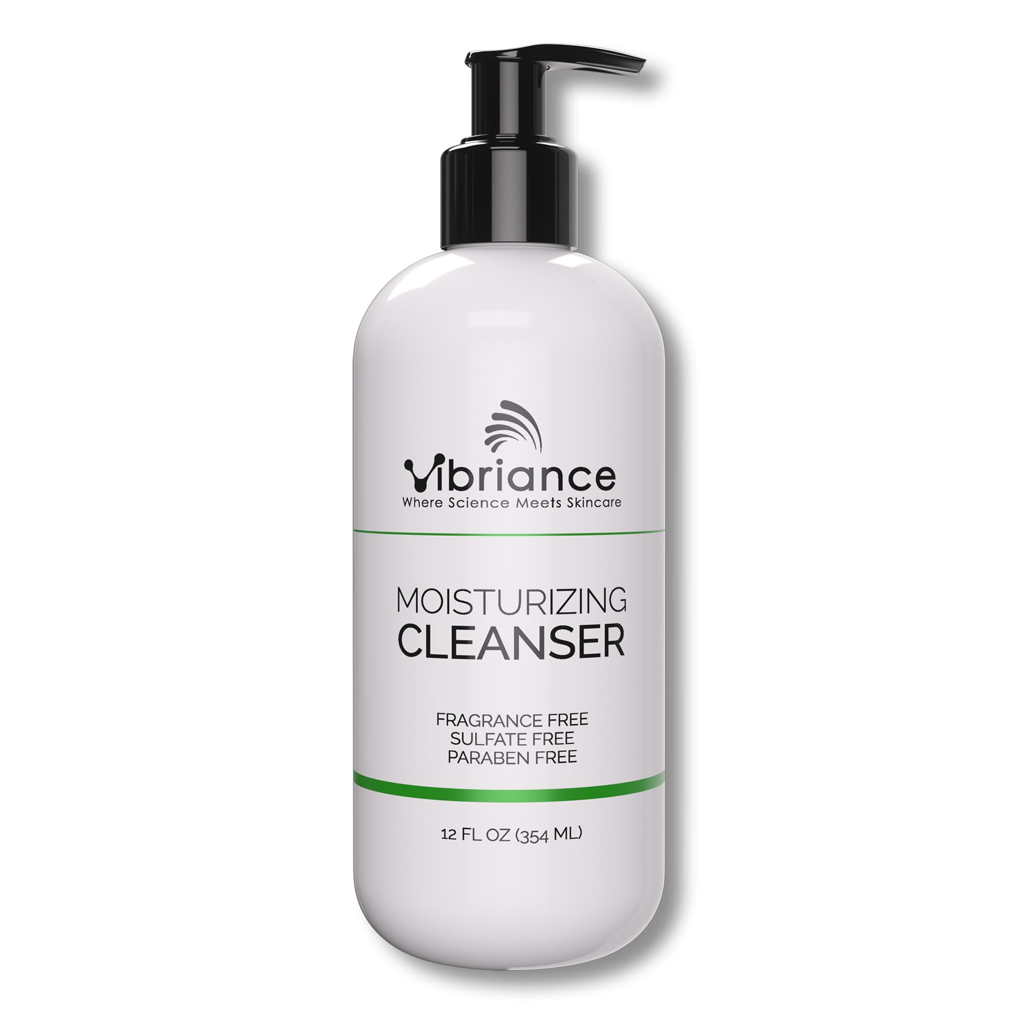 Vibriance Moisturizing Cleanser bottle shows silky oil-to-foam texture for gentle cleansing