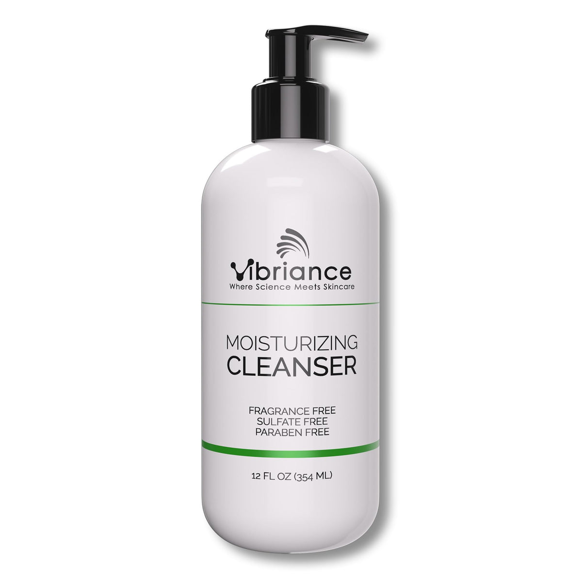 Vibriance Moisturizing Cleanser bottle shows silky oil-to-foam texture for gentle cleansing