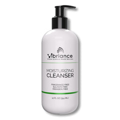 Vibriance Moisturizing Cleanser bottle shows silky oil-to-foam texture for gentle cleansing