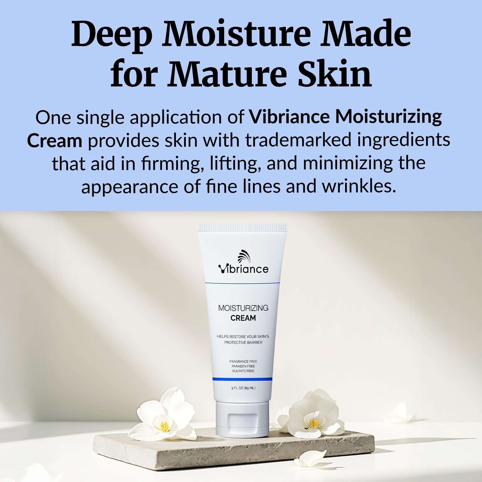 Vibriance Moisturizing Cream skin-types closeup demonstrates suitability across normal, oily, dry, and combination skin.